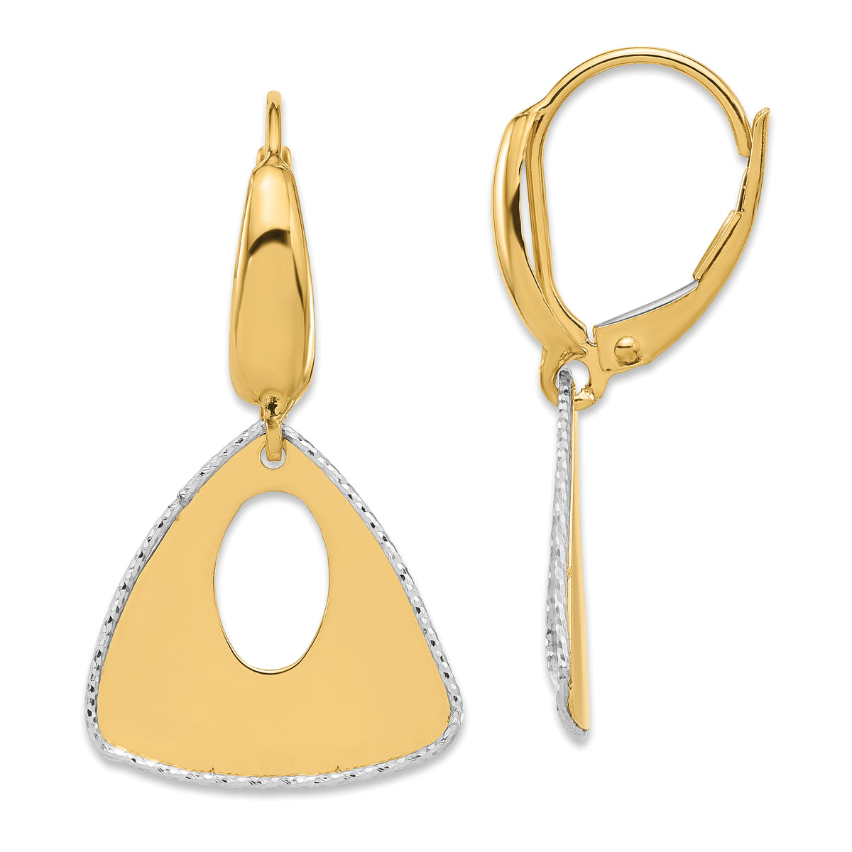 14K Two-tone Pol and Dia-cut Triangle Dangle Leverback Earrings