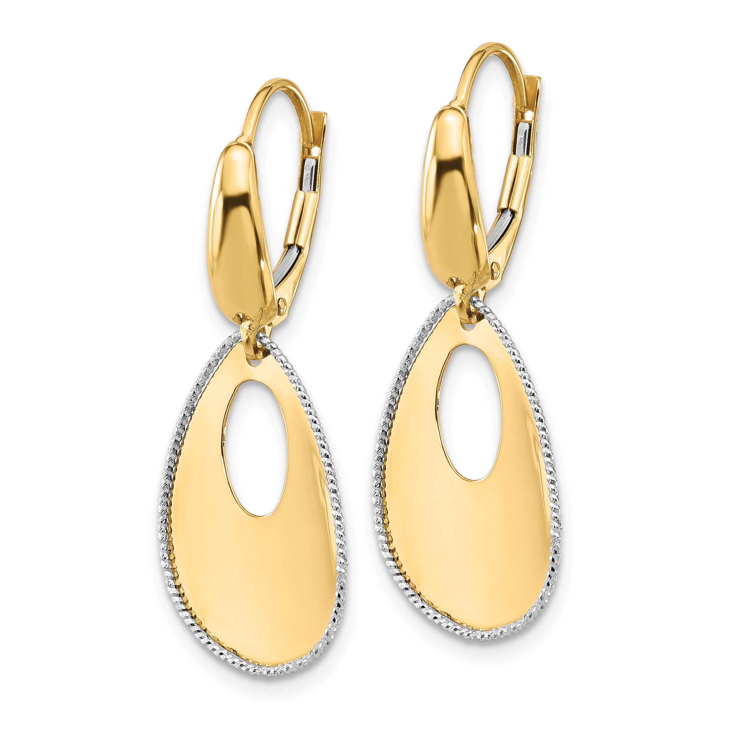 14K Two-tone Polished/Dia-cut Teardrop Dangle Leverback Earrings Secondary image