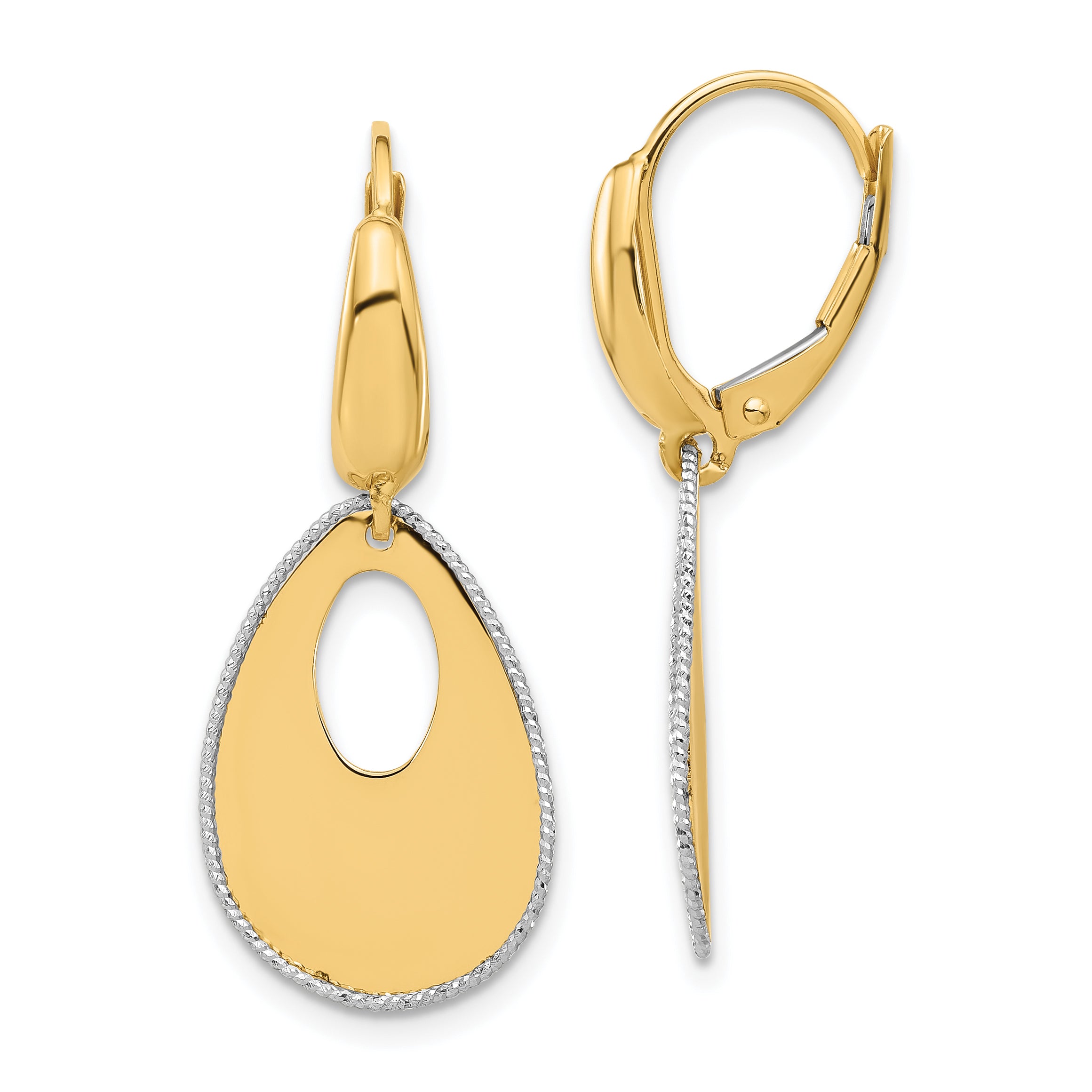 14K Two-tone Polished/Dia-cut Teardrop Dangle Leverback Earrings Main image
