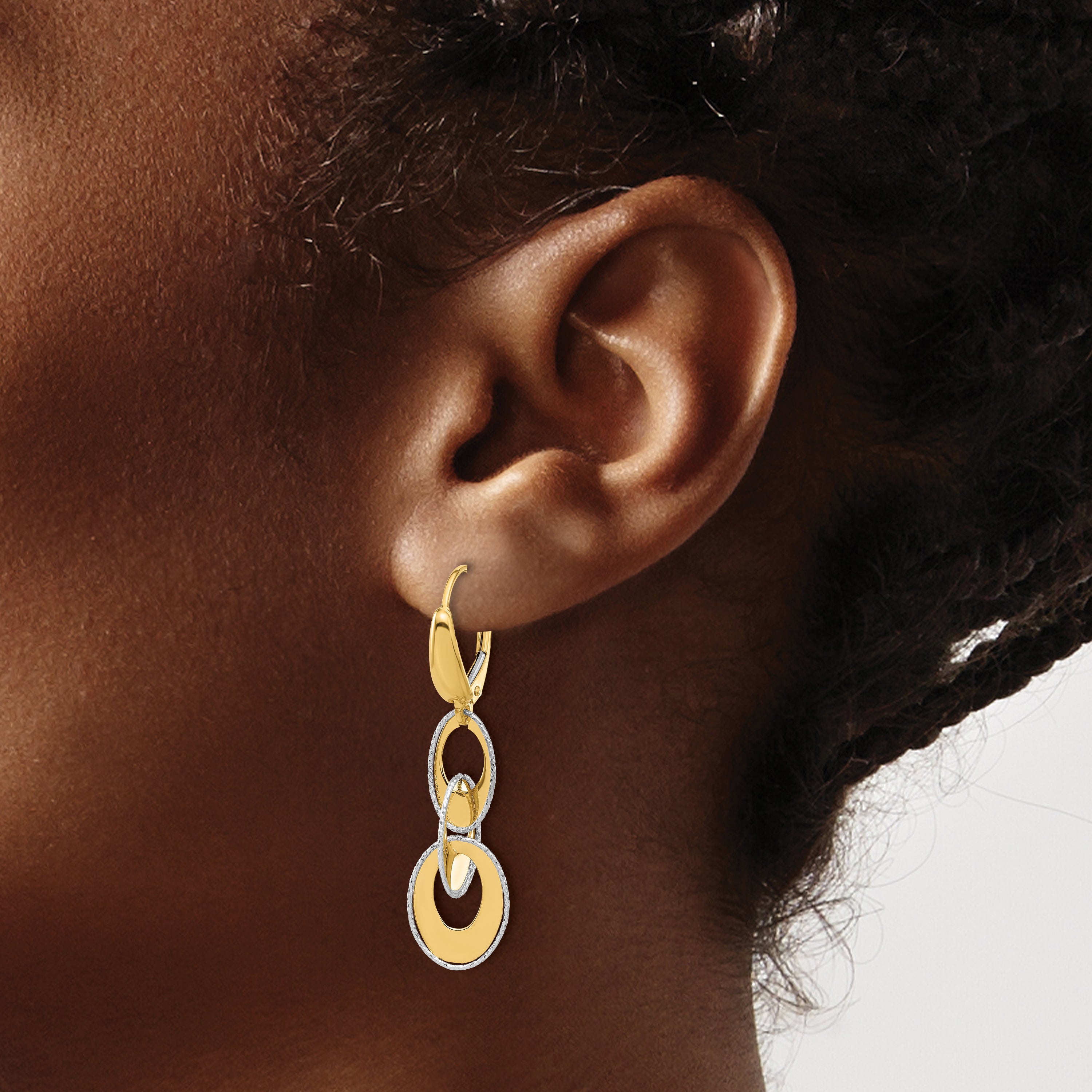 14K Two-tone Polished and Dia-cut Ovals Dangle Leverback Earrings