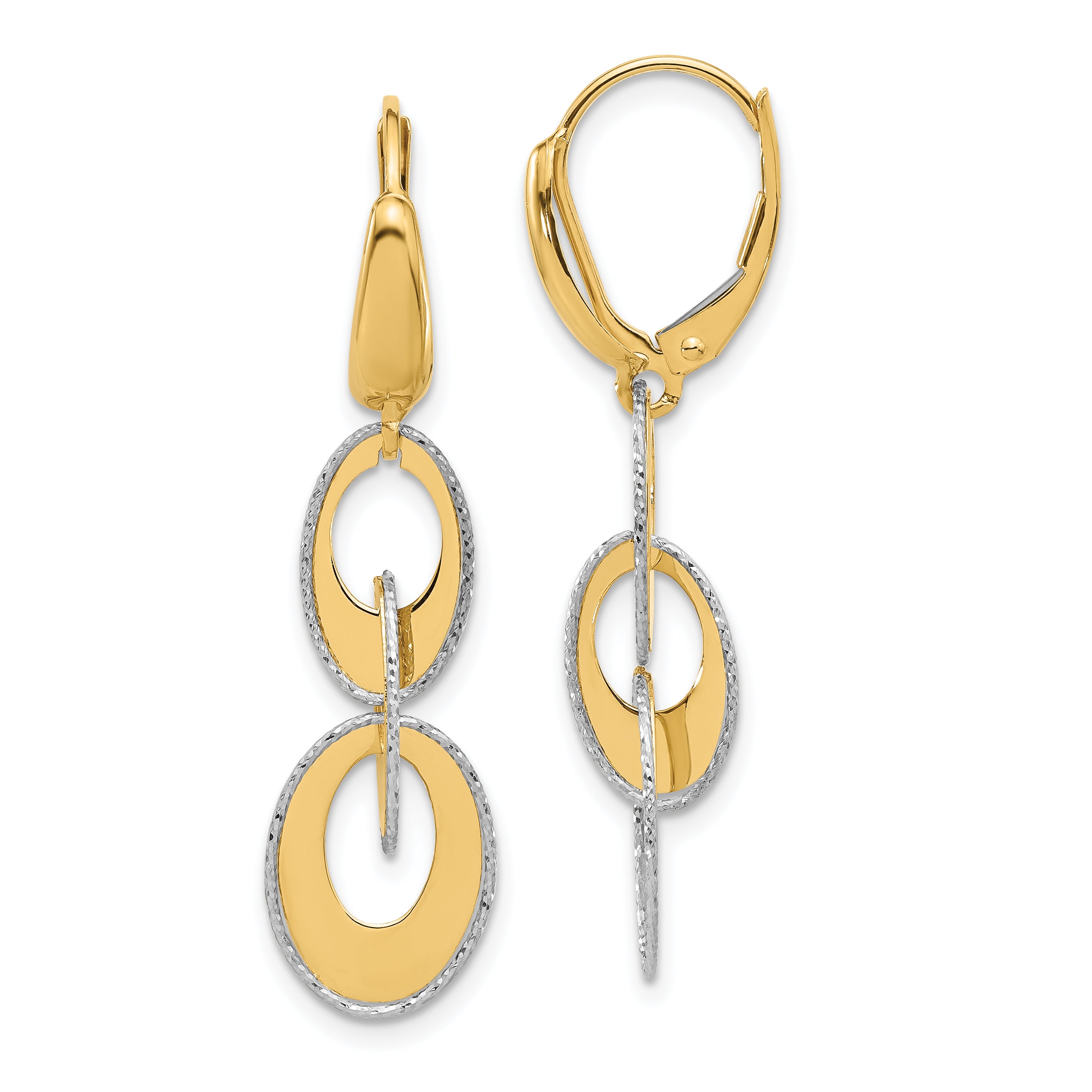 14K Two-tone Polished and Dia-cut Ovals Dangle Leverback Earrings