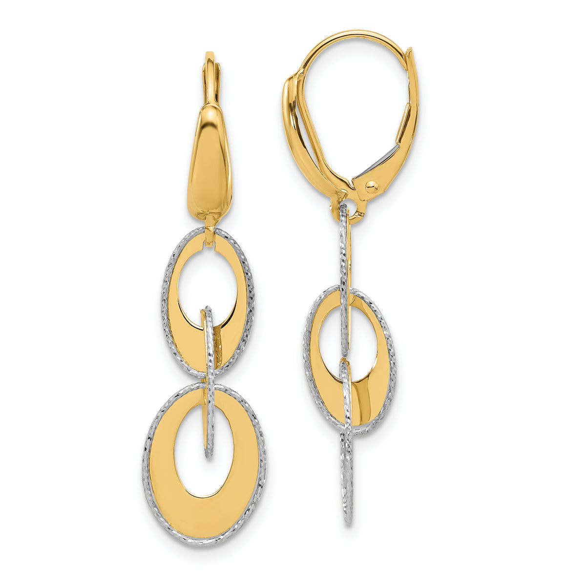 14K Two-tone Polished and Dia-cut Ovals Dangle Leverback Earrings