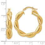 14K Polished and Textured Twisted Round Hoop Earrings