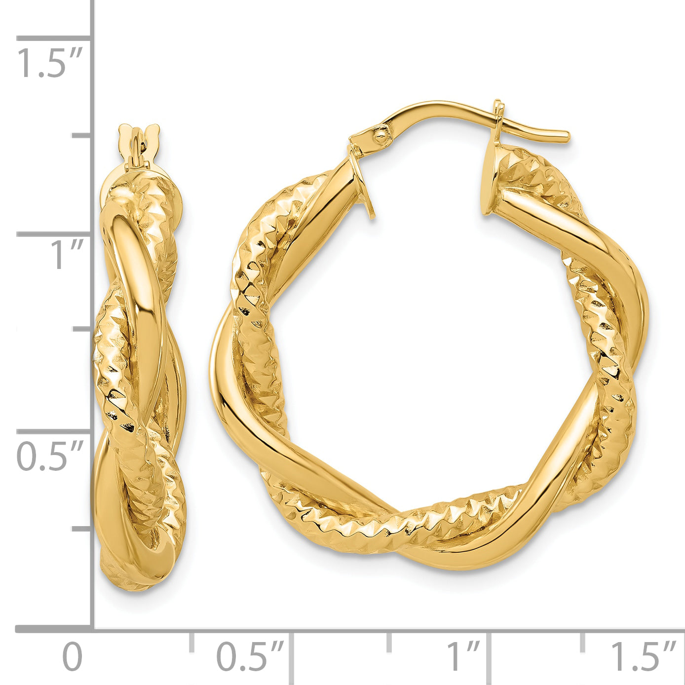 14K Polished and Textured Twisted Round Hoop Earrings