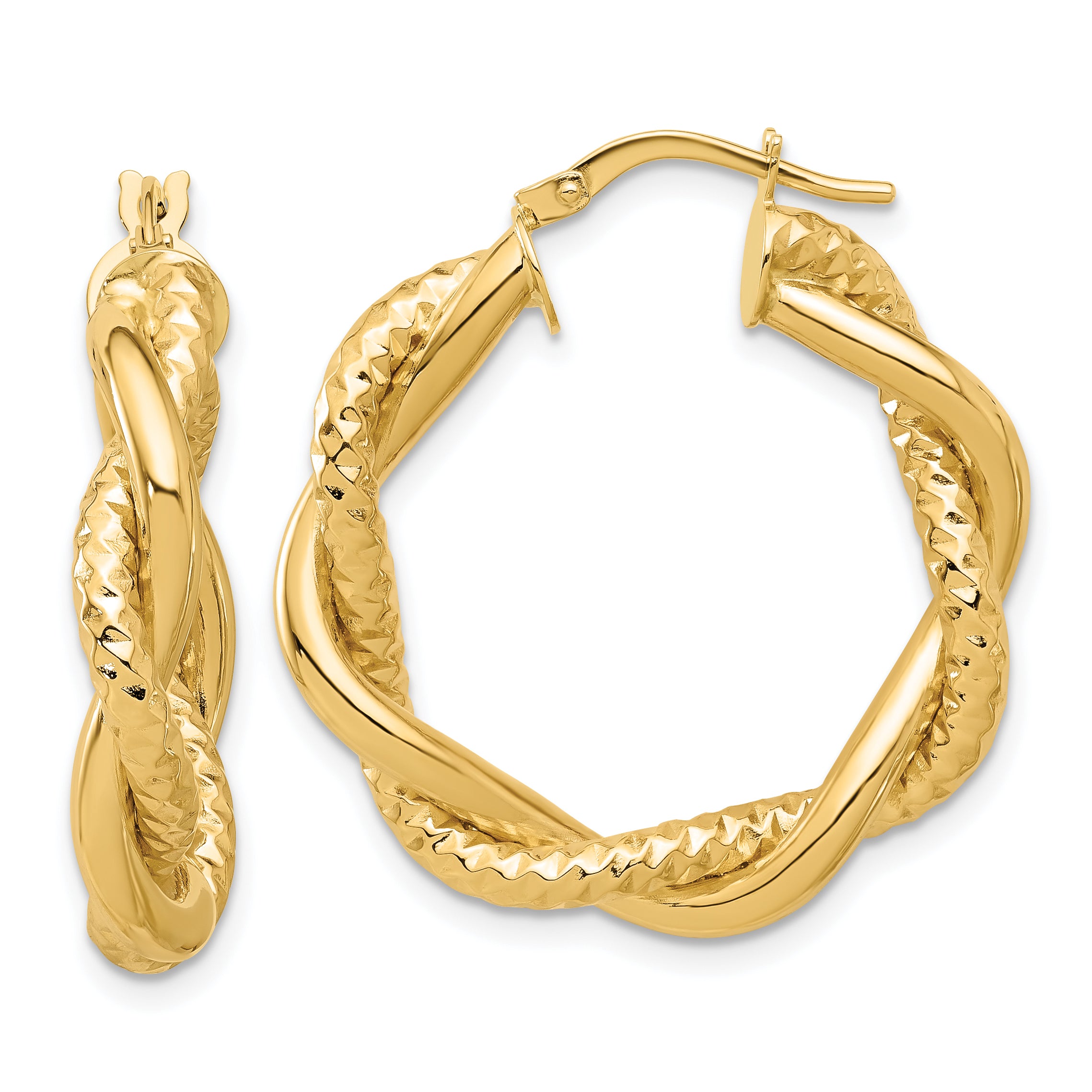 14K Polished and Textured Twisted Round Hoop Earrings Main image