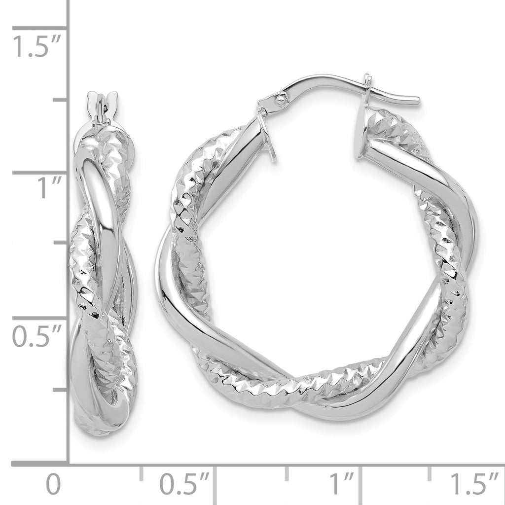 14K White Gold Polished and Textured Twisted Round Hoop Earrings