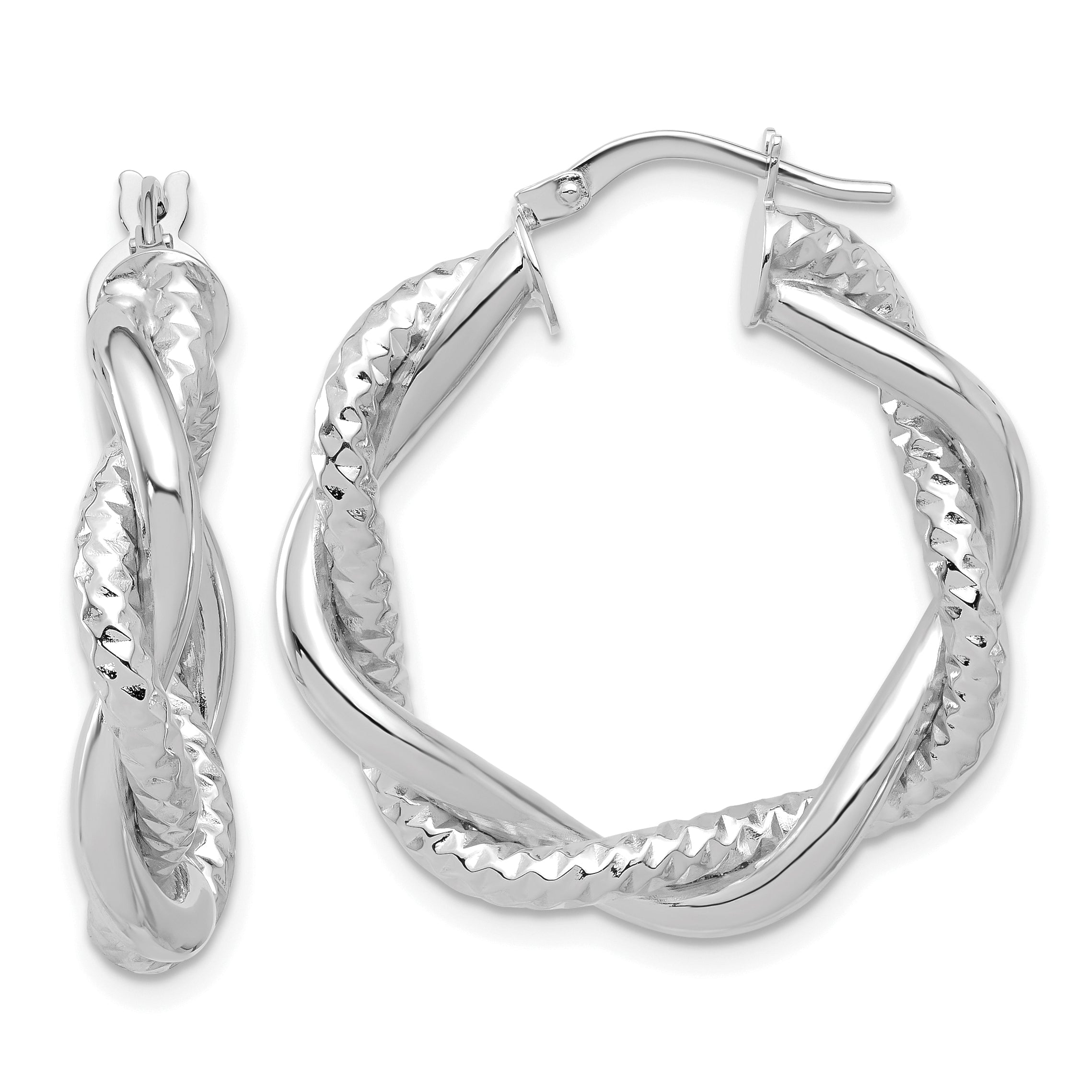 14K White Gold Polished and Textured Twisted Round Hoop Earrings Main image