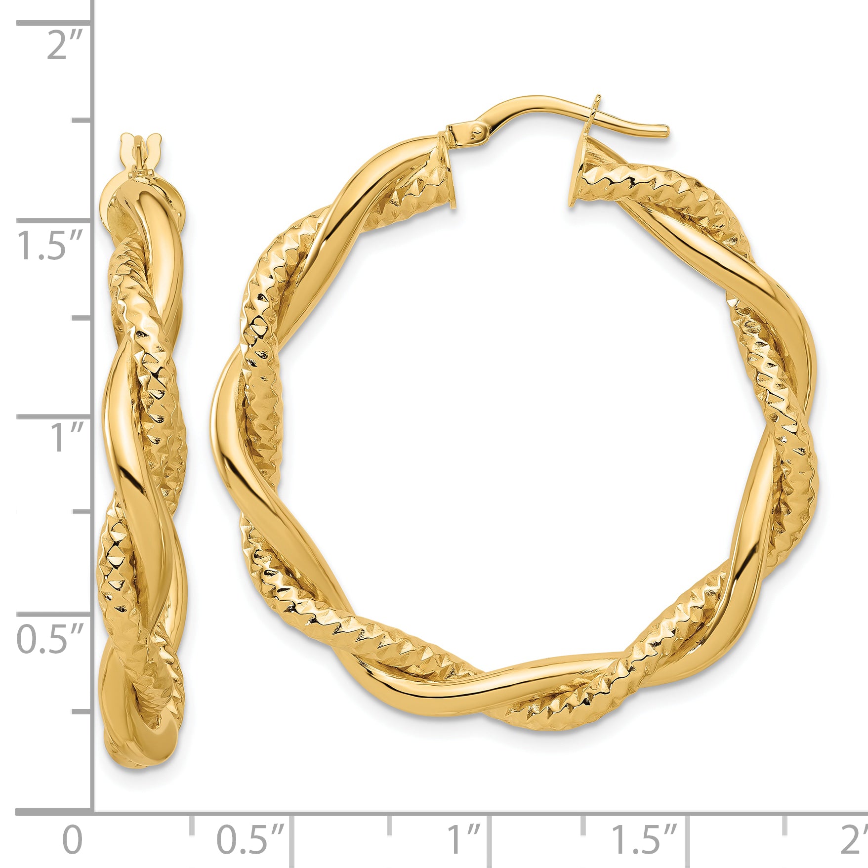14K Polished and Textured Twisted Round Hoop Earrings