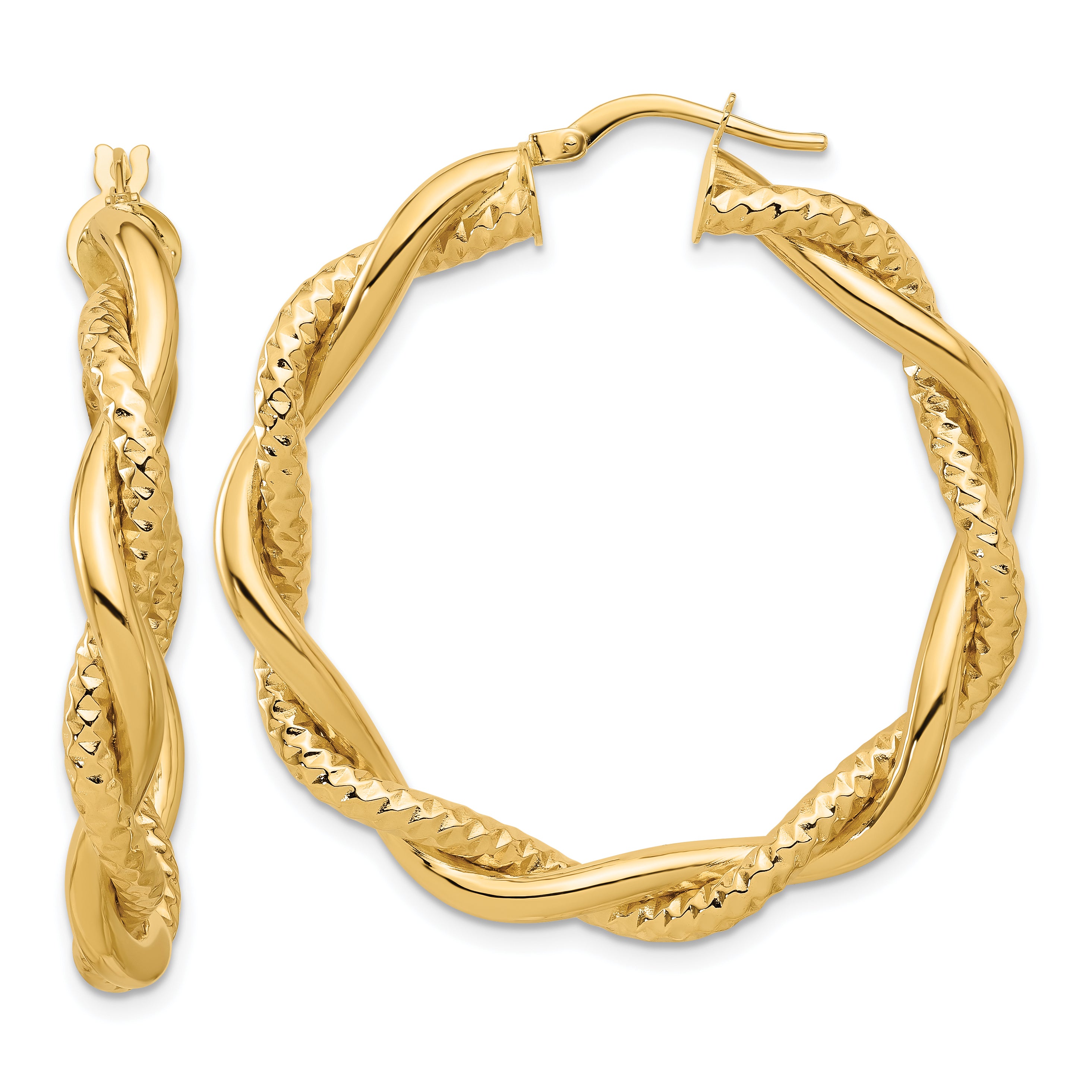 14K Polished and Textured Twisted Round Hoop Earrings