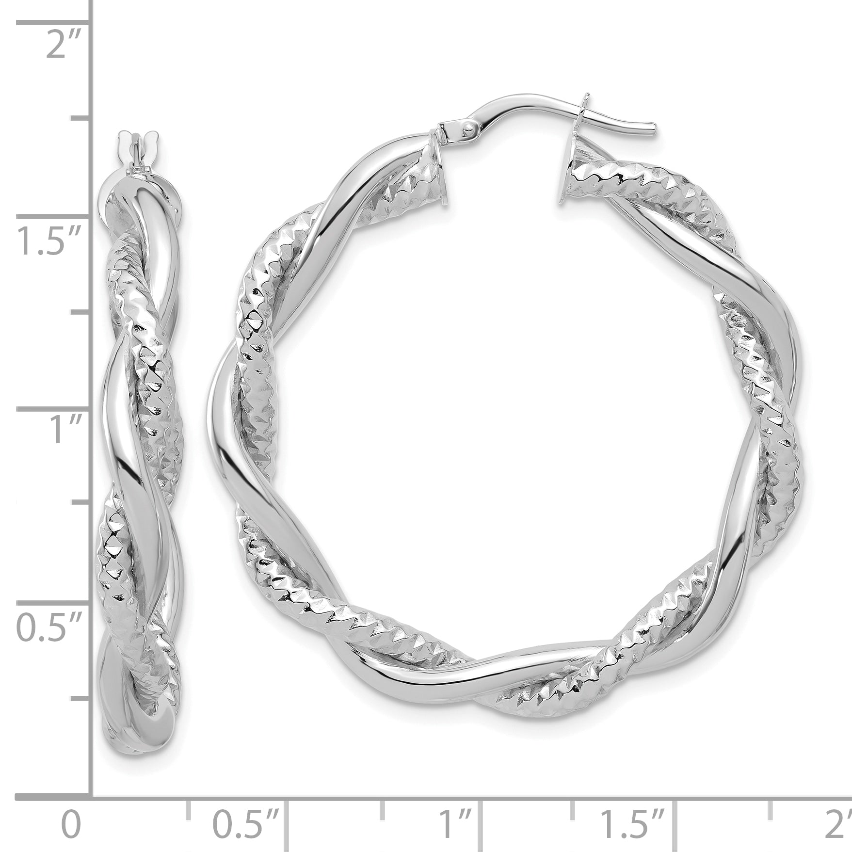14K White Gold Polished and Textured Twisted Round Hoop Earrings