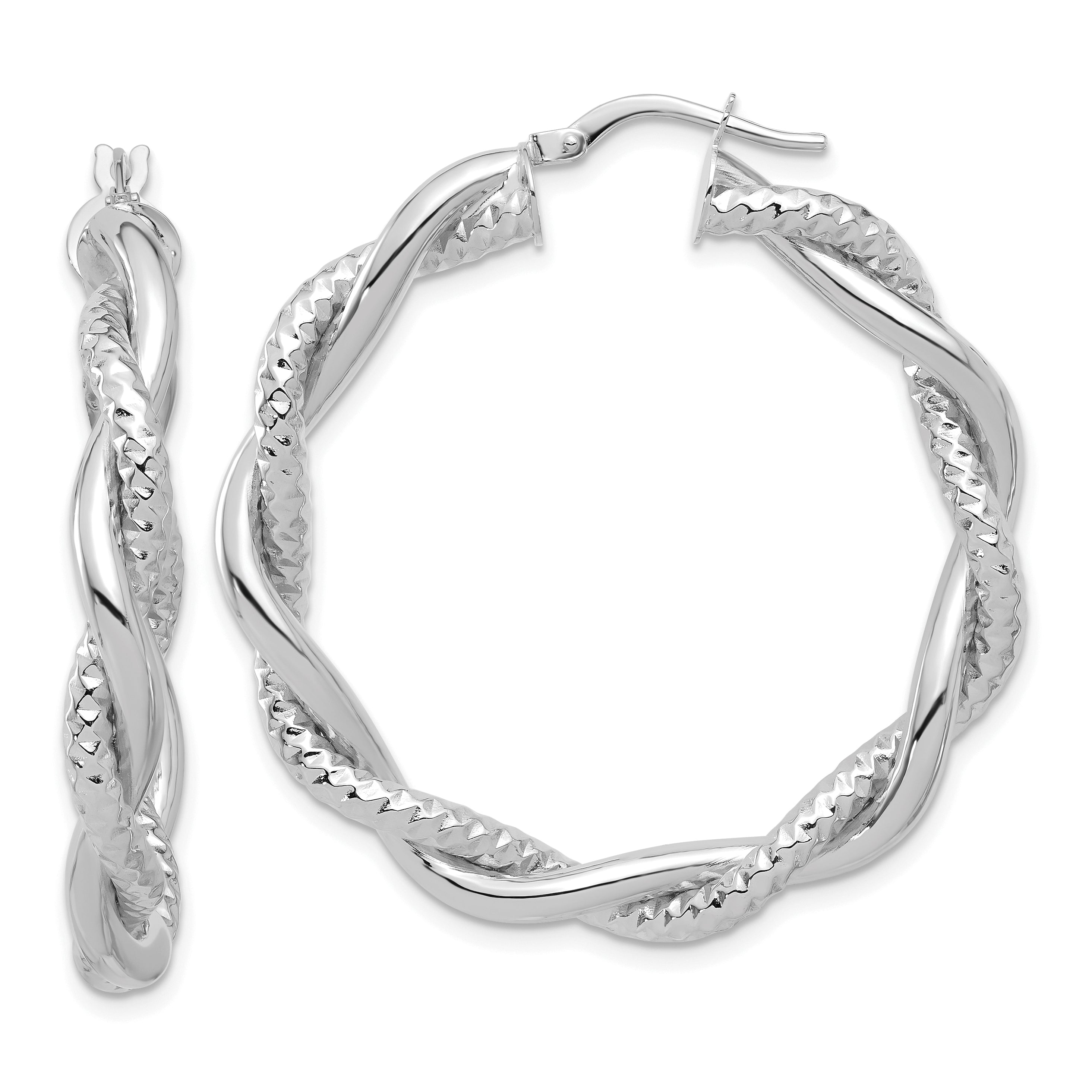 14K White Gold Polished and Textured Twisted Round Hoop Earrings Main image