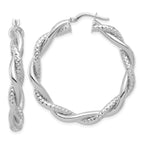 14K White Gold Polished and Textured Twisted Round Hoop Earrings