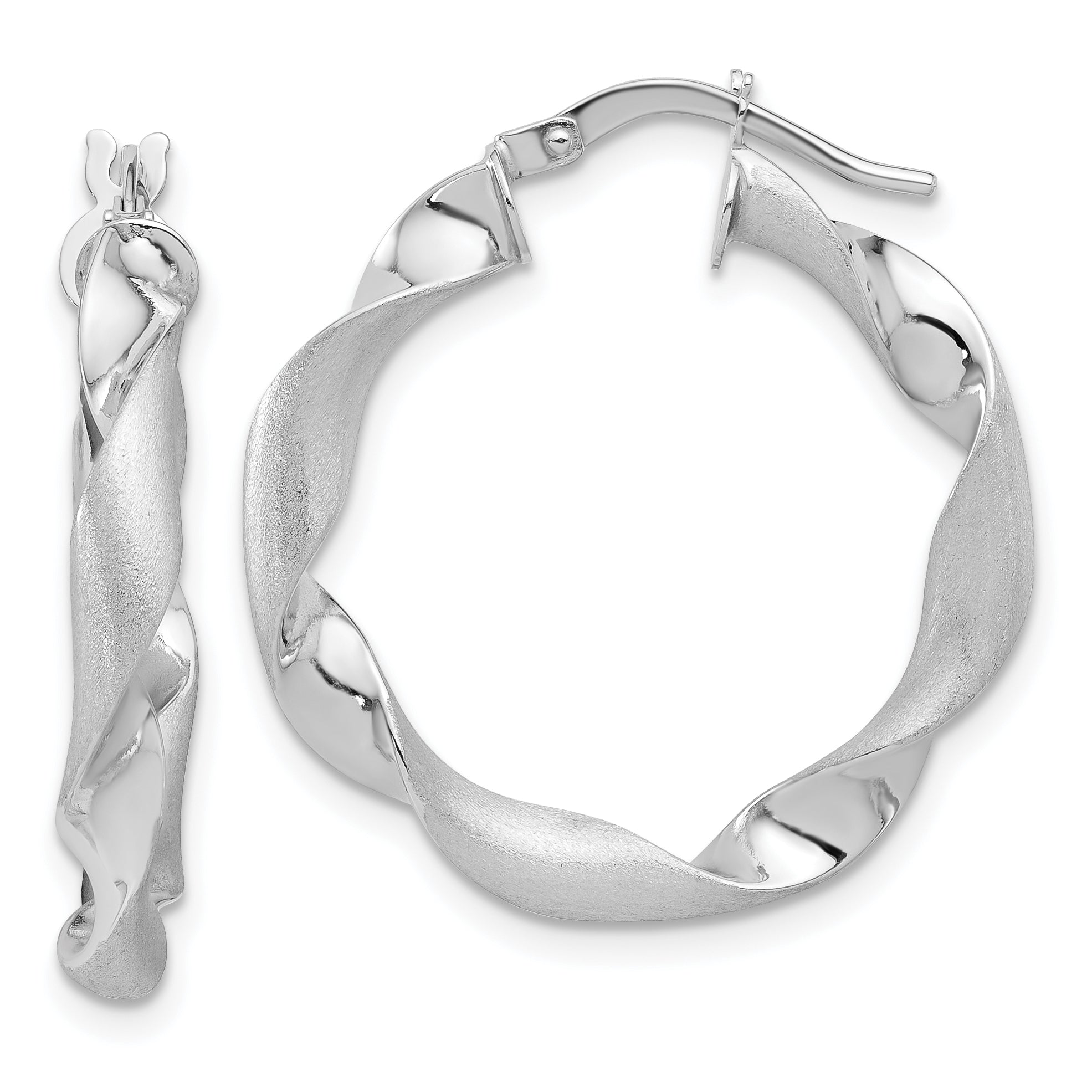 14K White Gold Polished and Brushed Twisted Hoop Earrings Main image