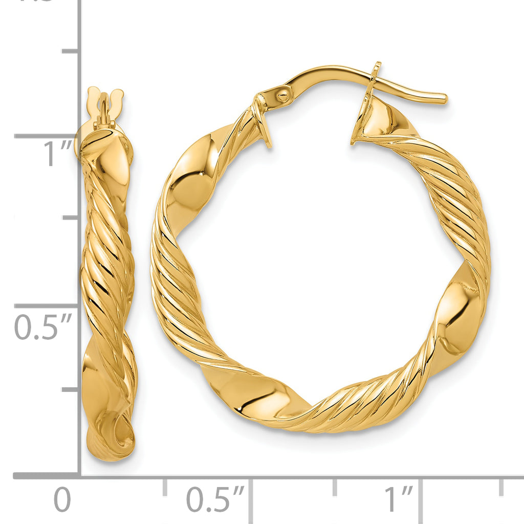 14K Polished and Textured Round Hoop Earrings