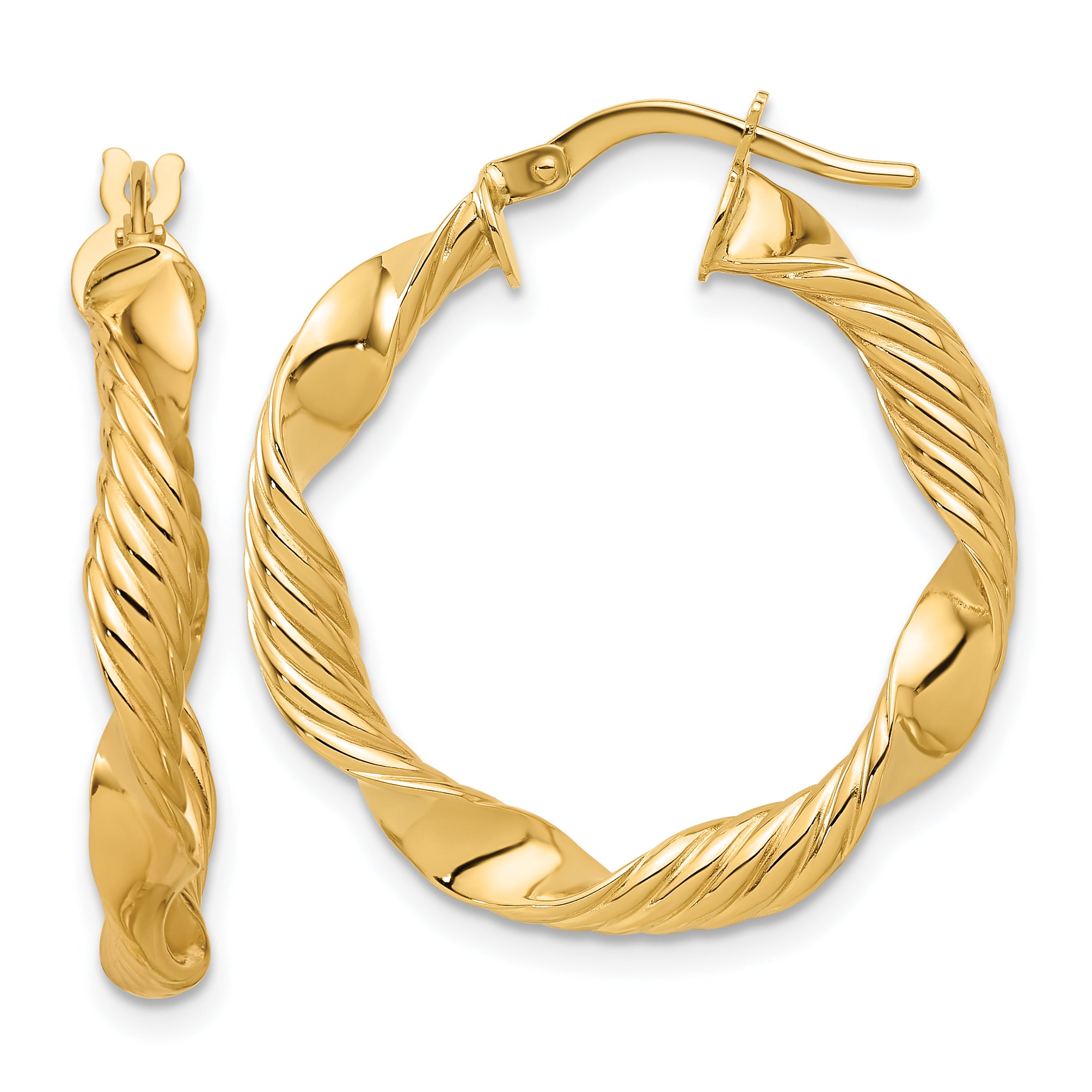 14K Polished and Textured Round Hoop Earrings Main image