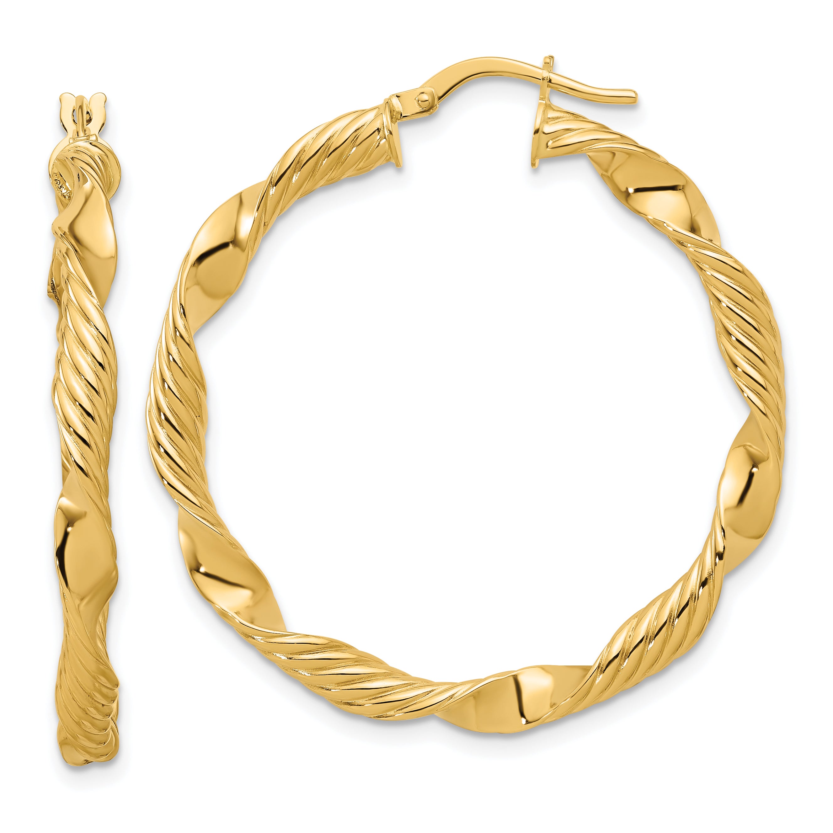 14K Polished and Textured Round Hoops Main image