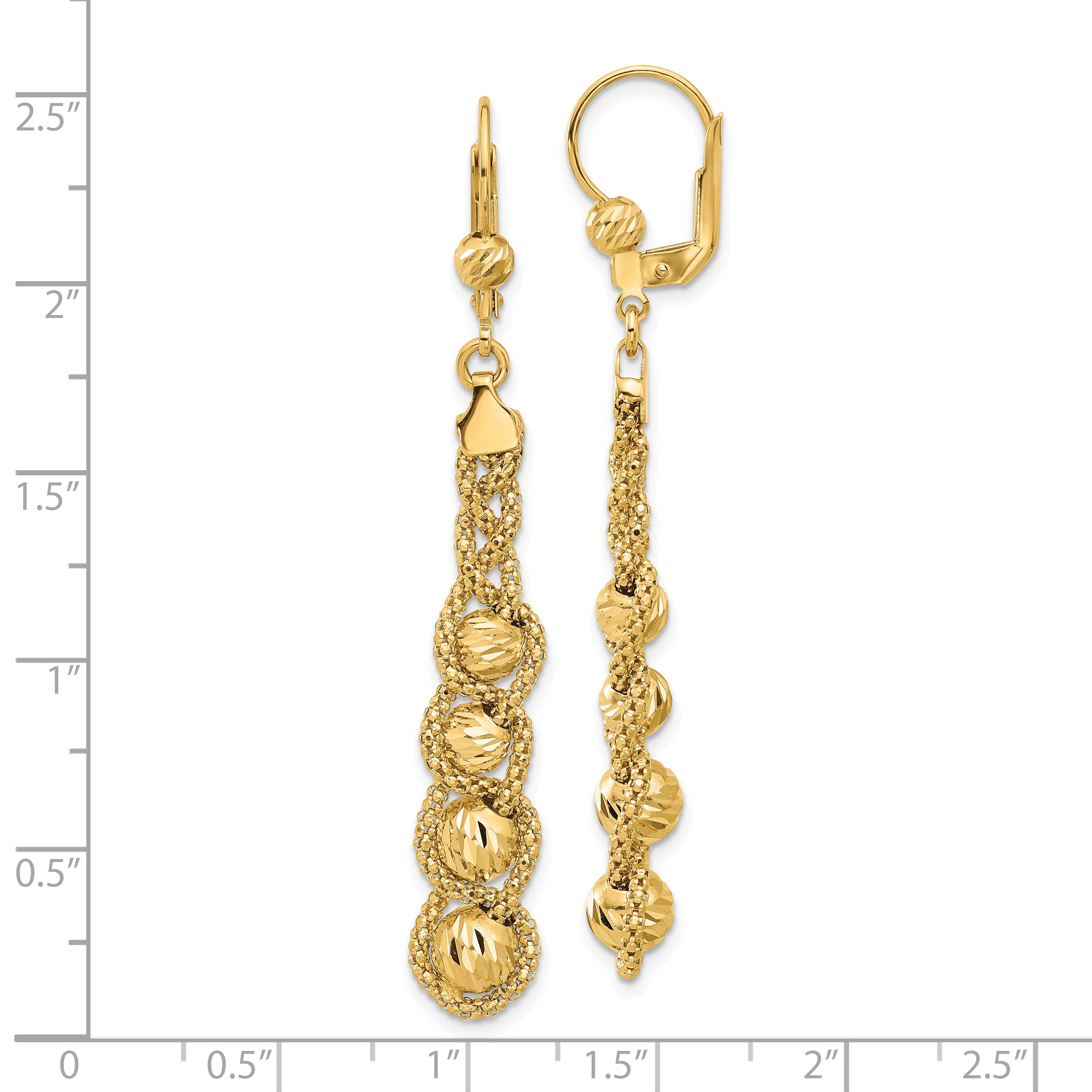 14K Polished Textured and Dia-cut Beaded Leverback Earrings