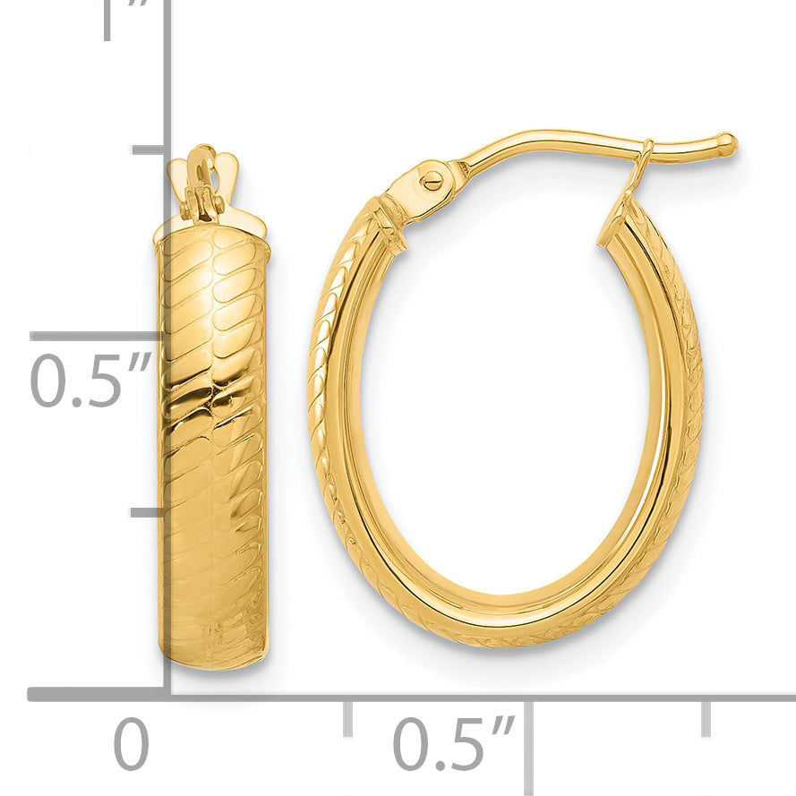 14K Polished and Textured Oval Hoop Earrings