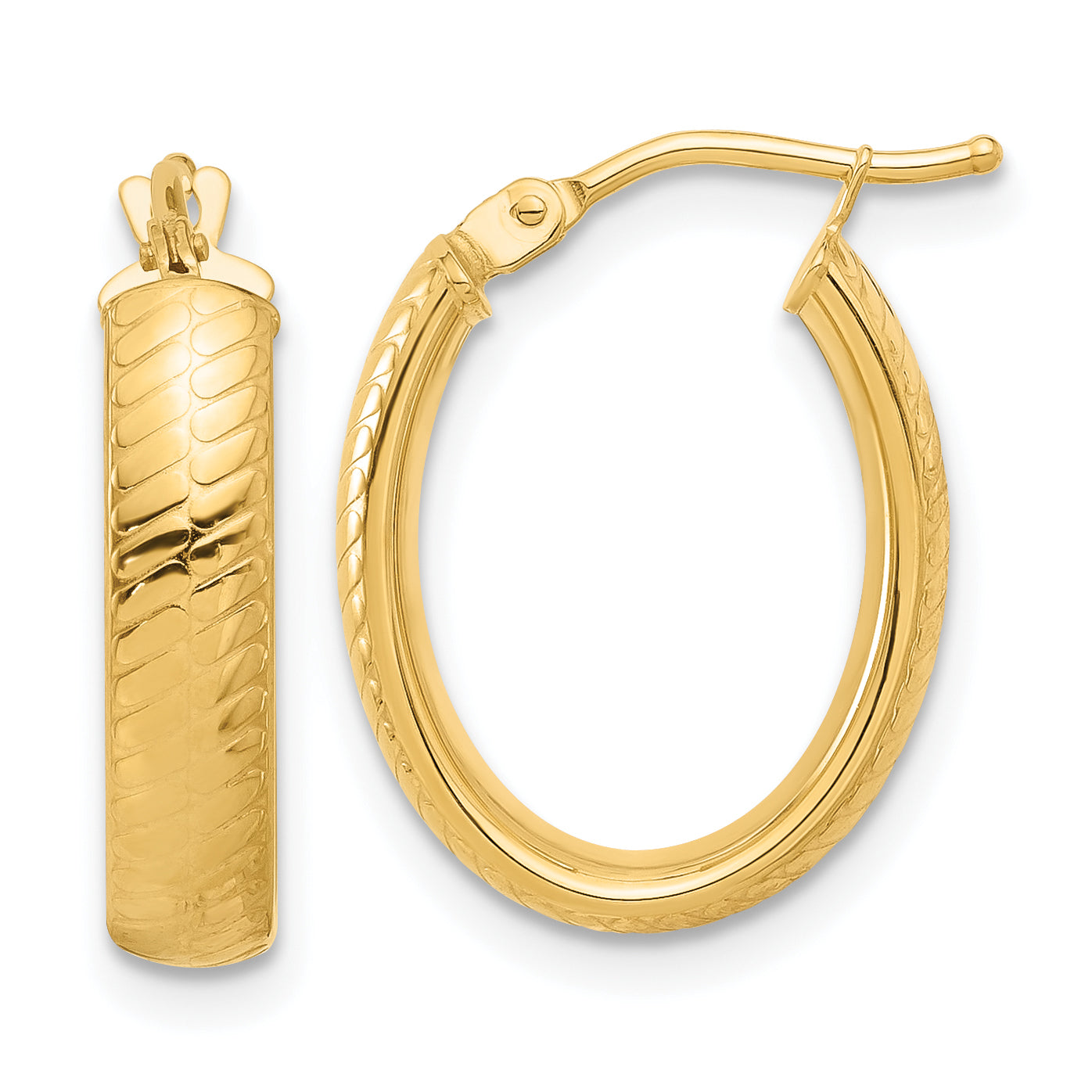 14K Polished and Textured Oval Hoop Earrings