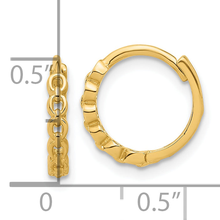 14K Polished Round Link Pattern Huggie Hoop Earrings