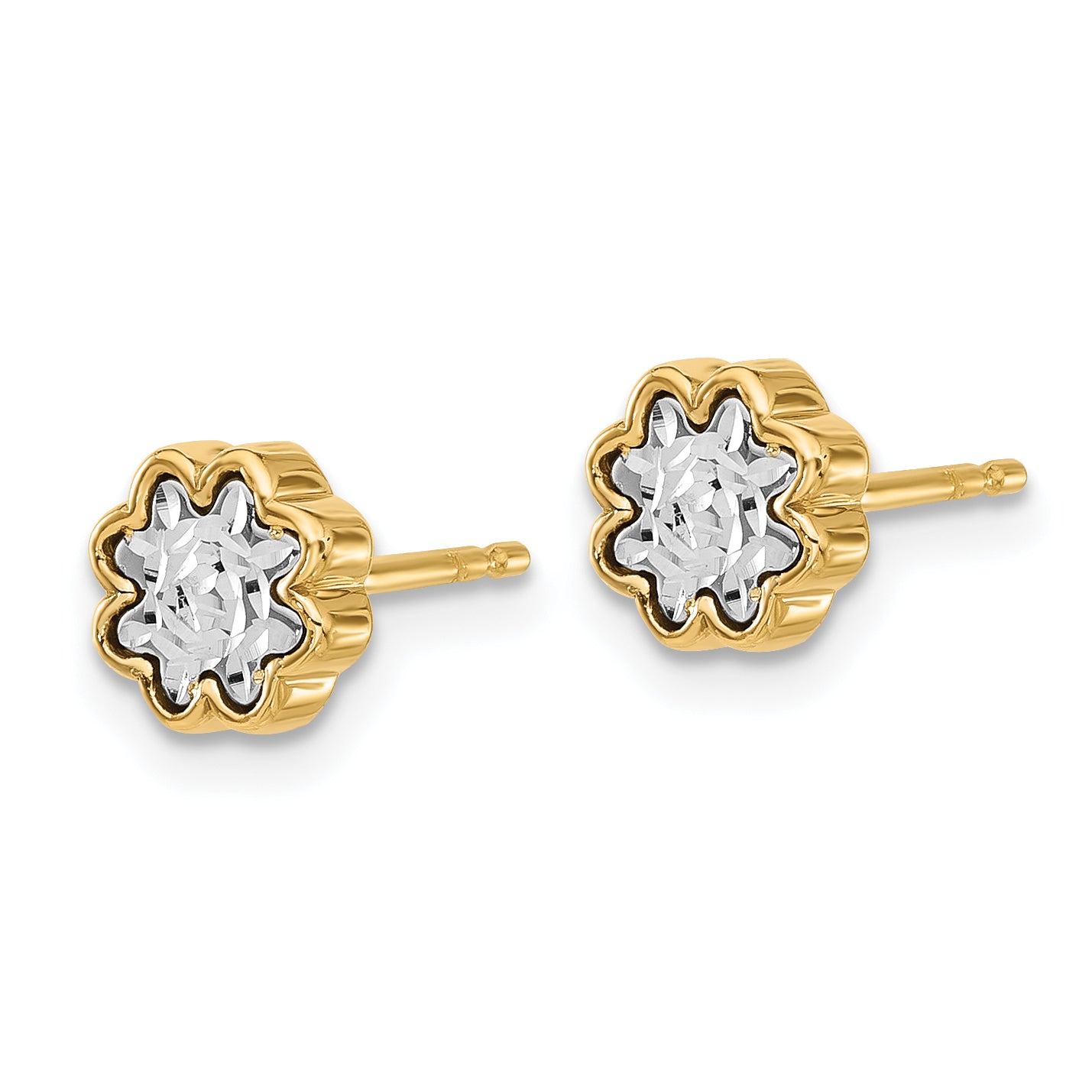 14K Two-tone Polished and Diamond-cut Flower Post Earrings Secondary image