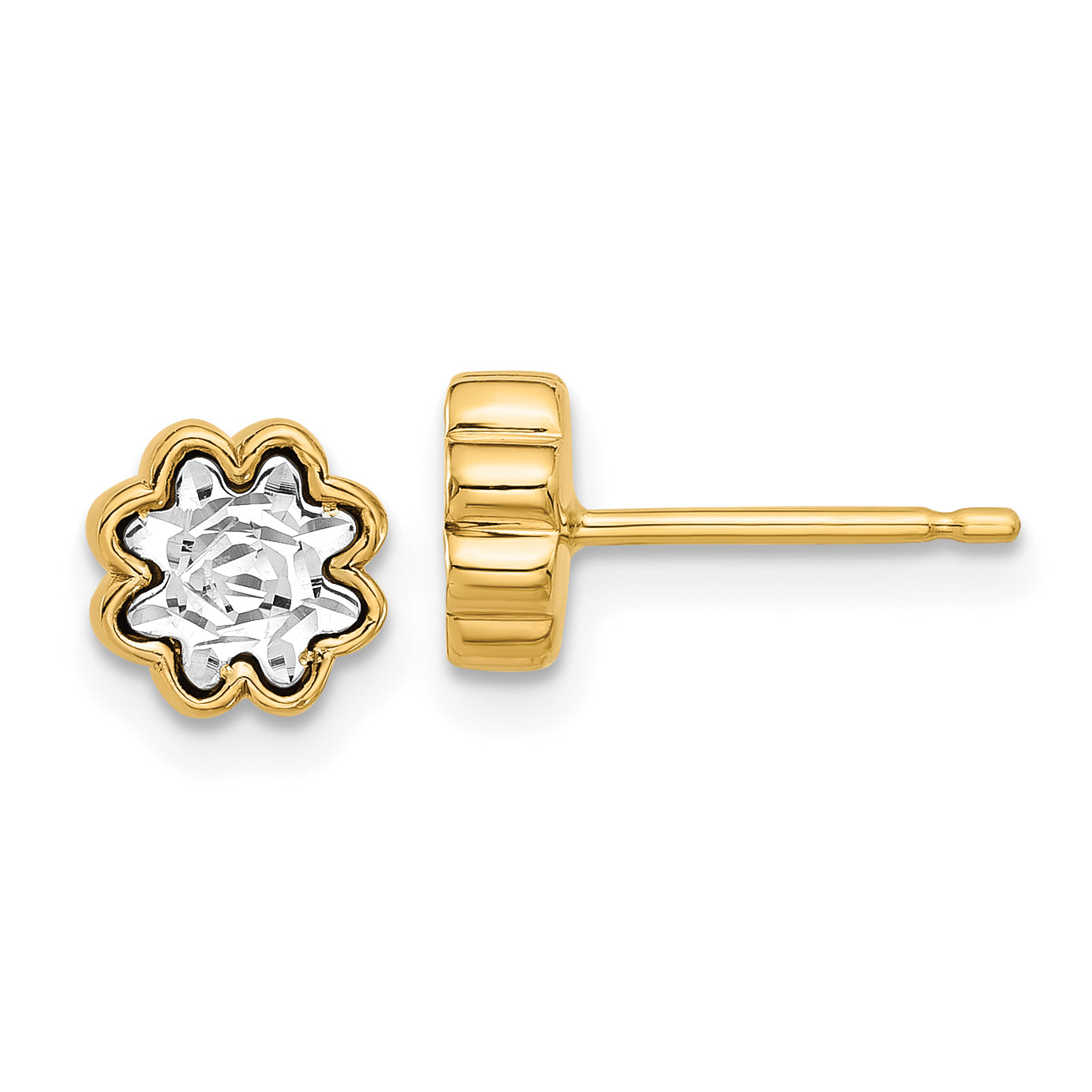 14K Two-tone Polished and Diamond-cut Flower Post Earrings Main image