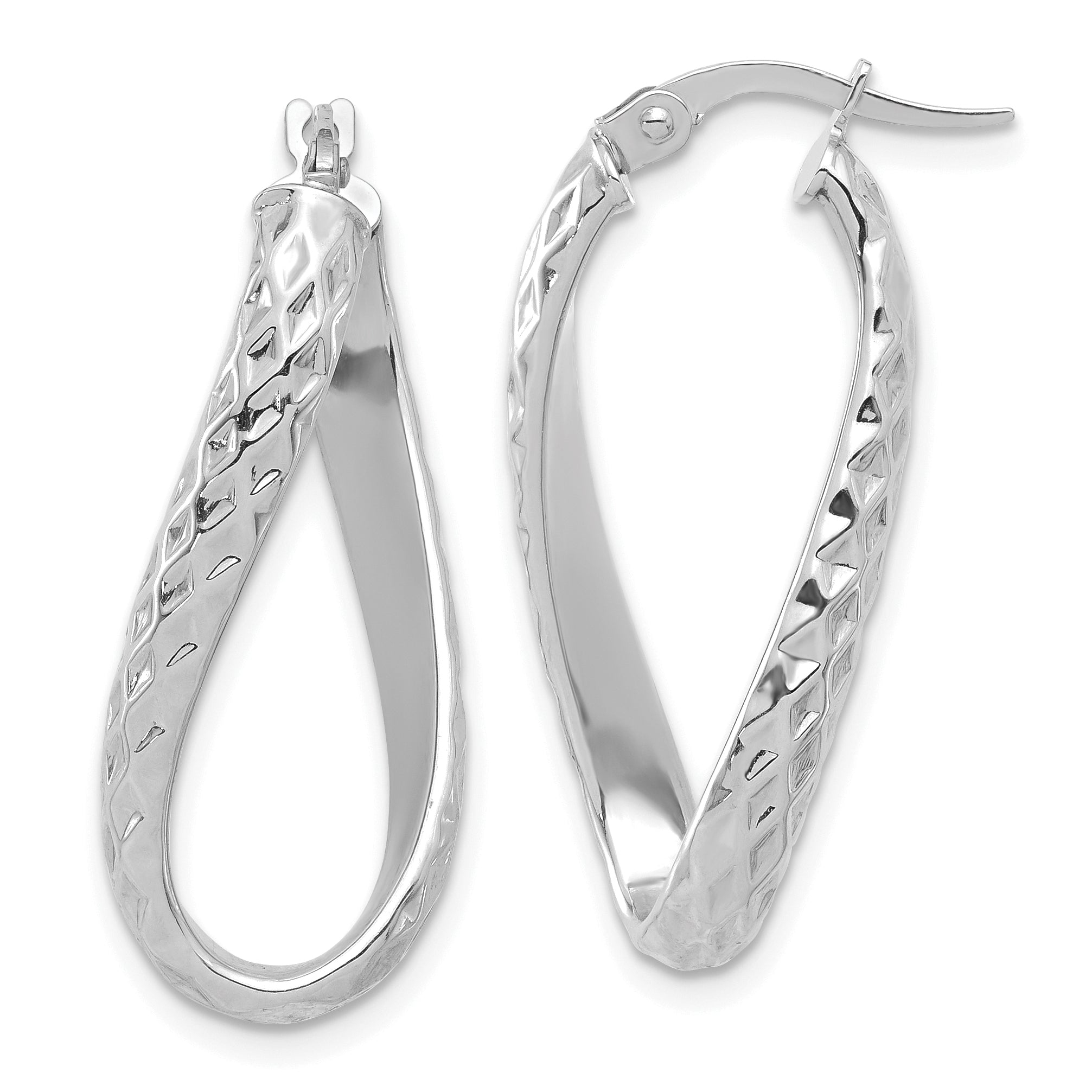 14K w/ White Rhodium Plating Polished & D/C Twist Hoop Earrings Main image