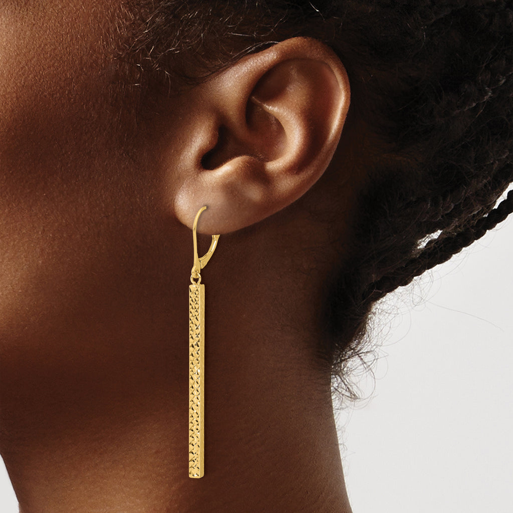 14K Polished and Diamond-cut Bar Dangle Leverback Earrings