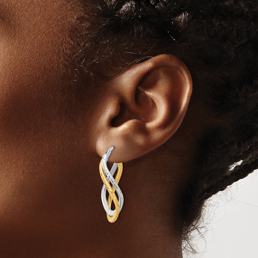 14K with Rhodium Polished and Diamond-cut Twist Hoop Earrings