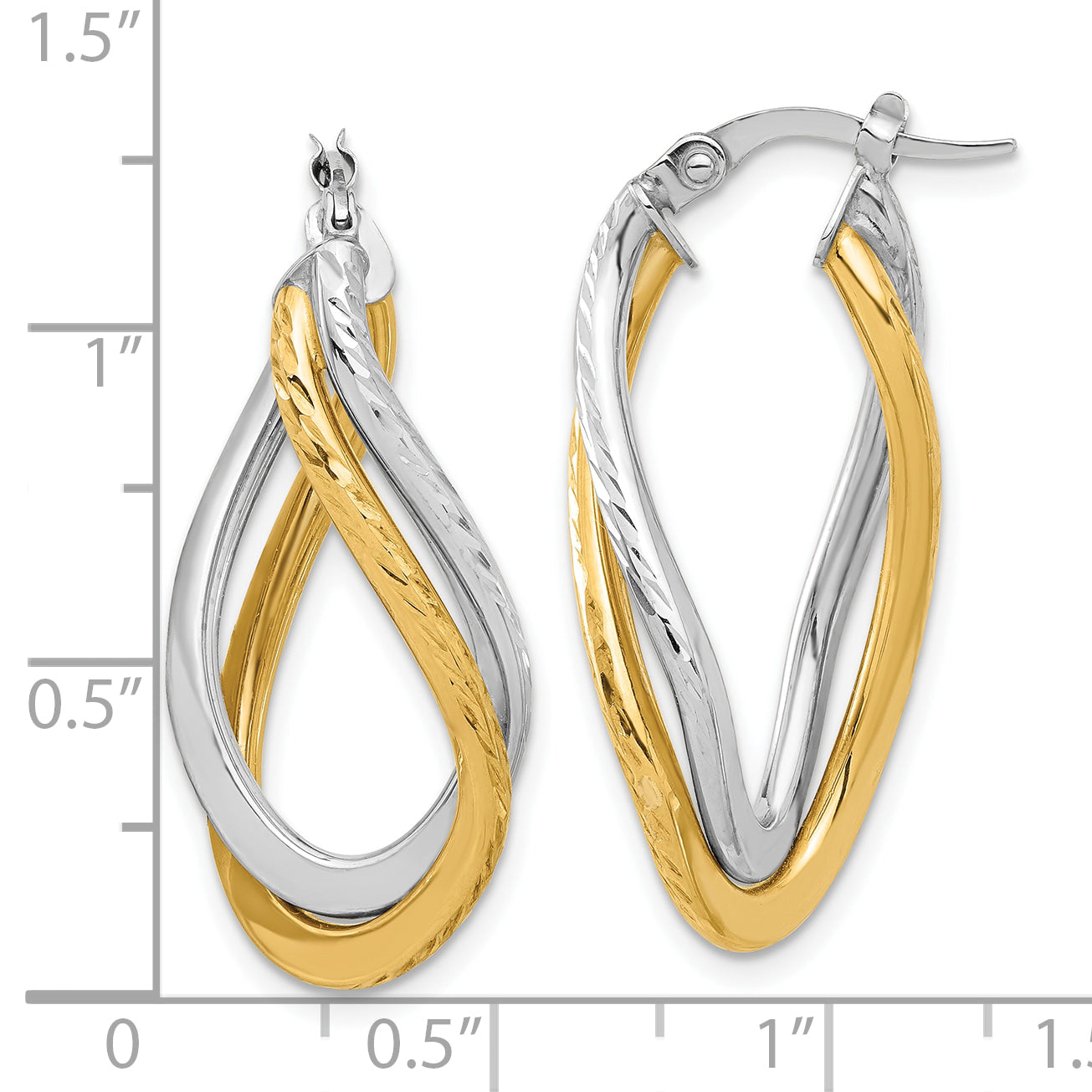 14K with Rhodium Polished and Diamond-cut Twist Hoop Earrings