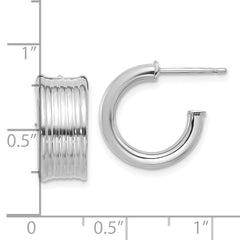 14K w/ White RH Plating Polished and Grooved J-Hoop Post Earrings