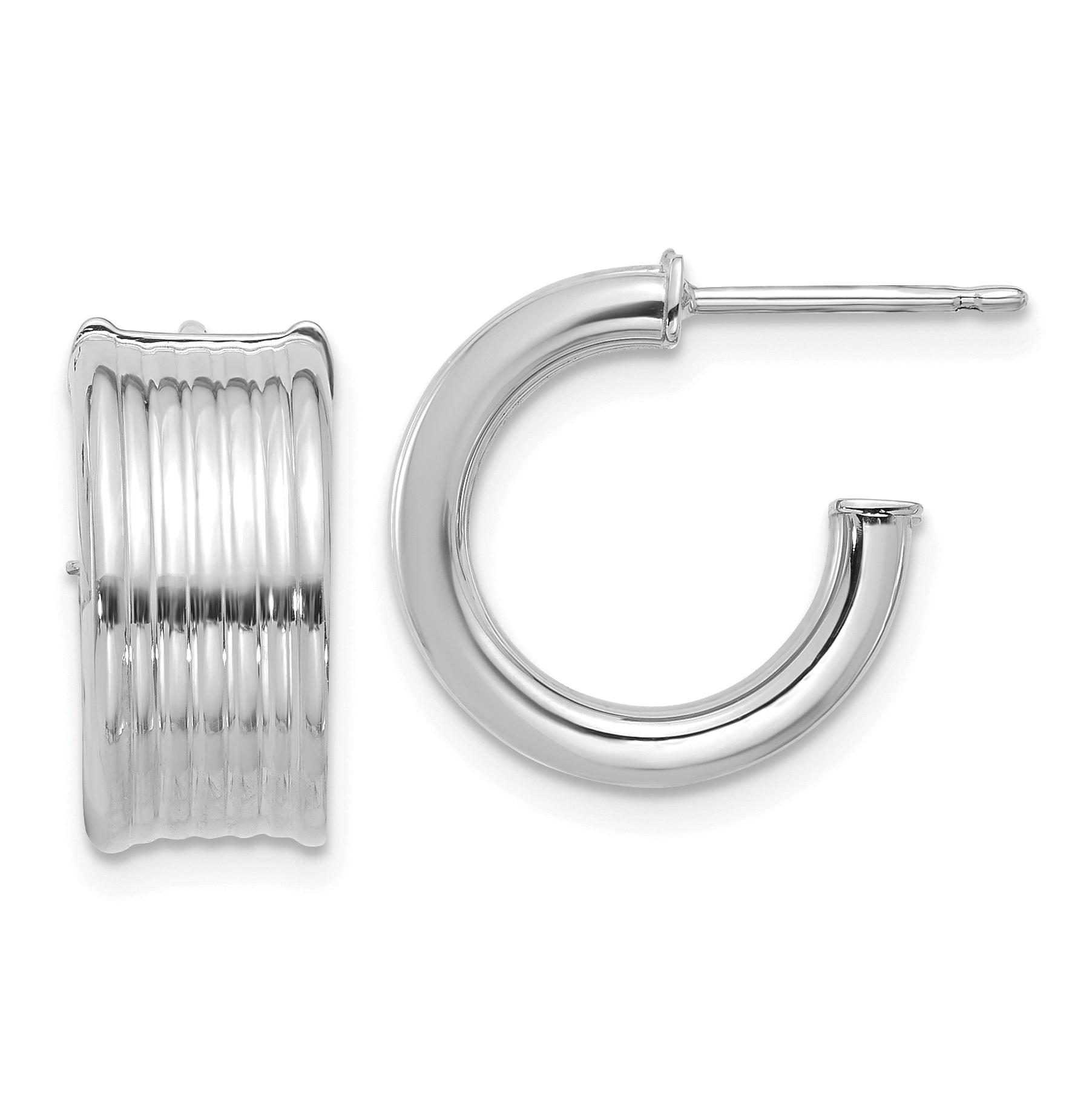 14K w/ White RH Plating Polished and Grooved J-Hoop Post Earrings Main image