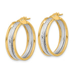 14K with Rhodium Polished and Diamond-cut Hoop Earrings