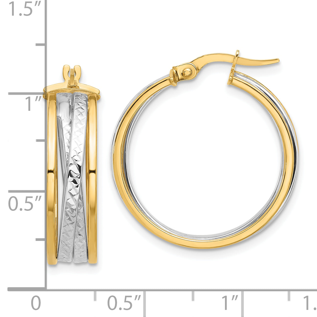 14K with Rhodium Polished and Diamond-cut Hoop Earrings