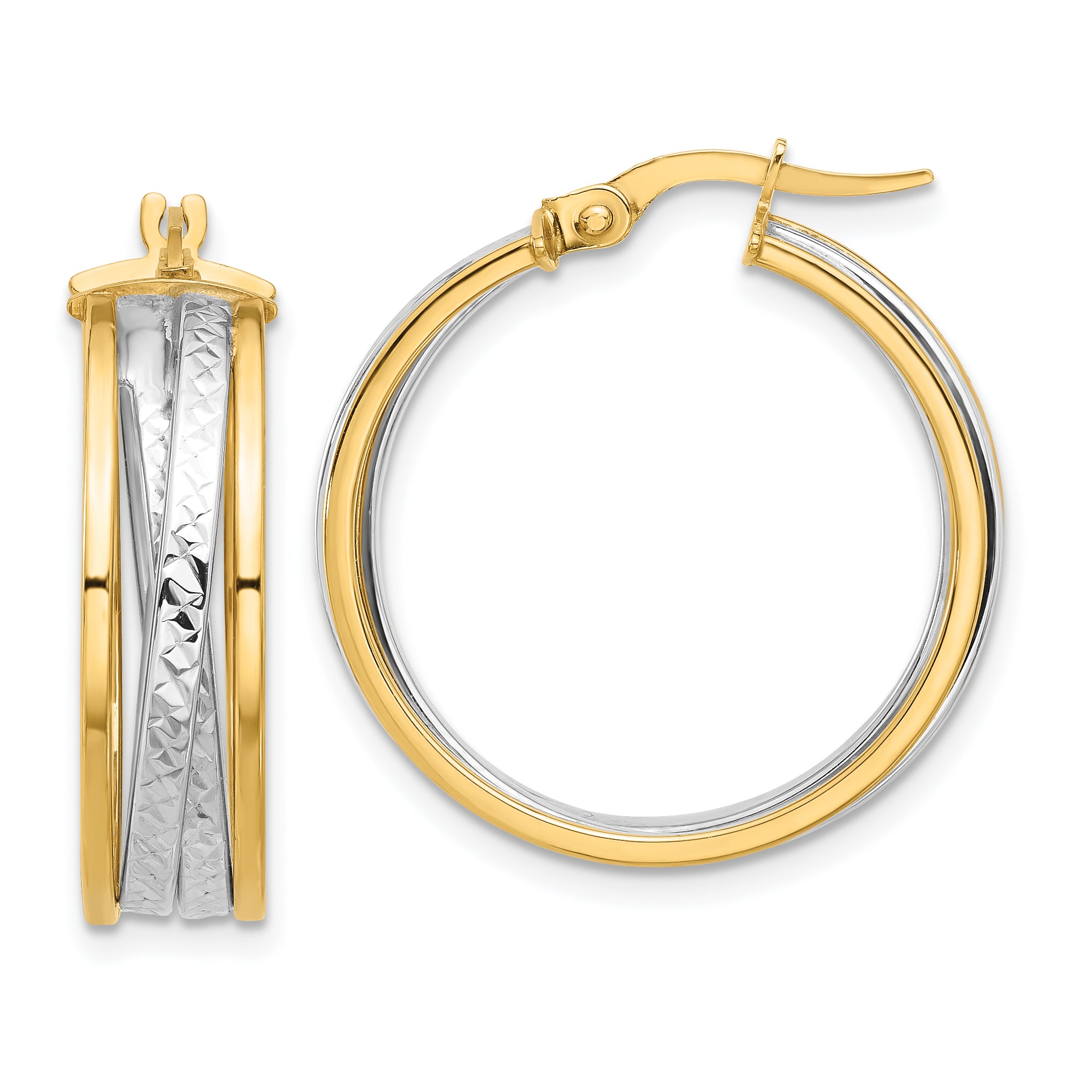 14K with Rhodium Polished and Diamond-cut Hoop Earrings Main image