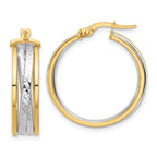 14K with Rhodium Polished and Diamond-cut Hoop Earrings