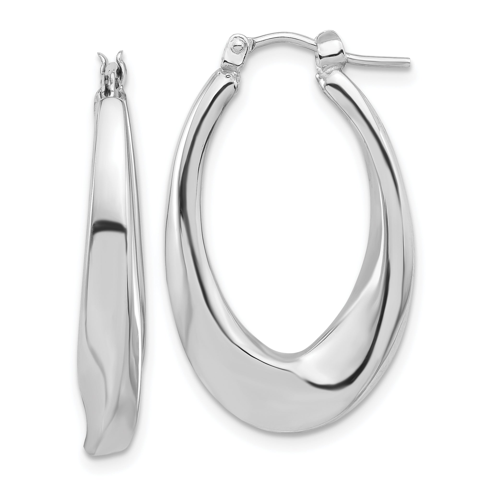 14K White Gold Polished Hollow Oval Twist Hoop Earrings