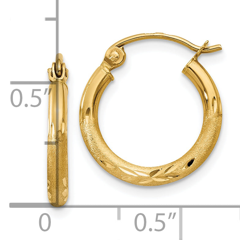 14k Satin and D/C 2mm Round Tube Hoop Earrings