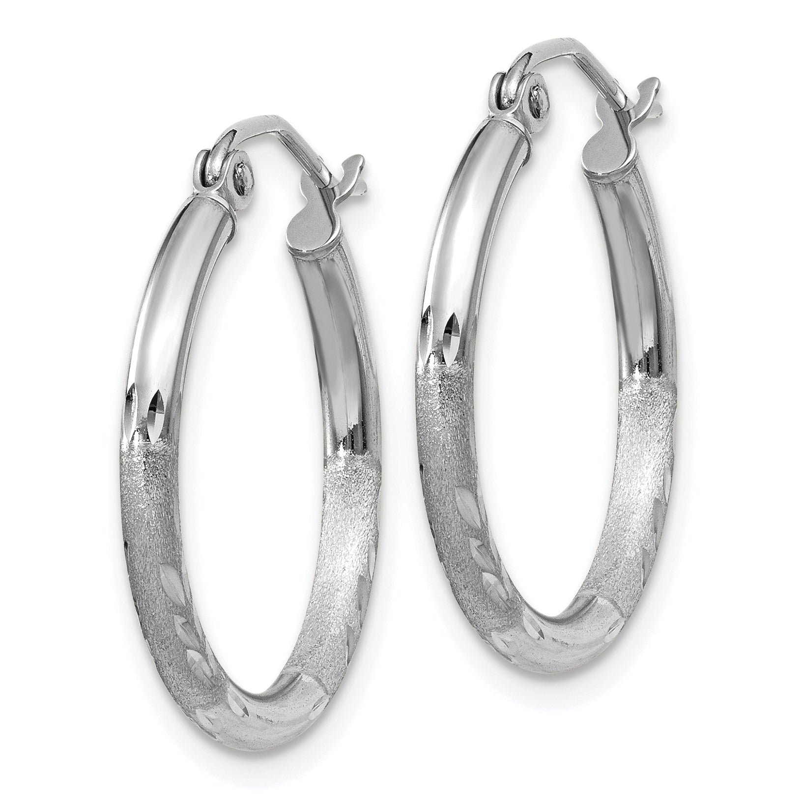14k White Gold Satin and D/C 2mm Round Hoop Earrings Secondary image