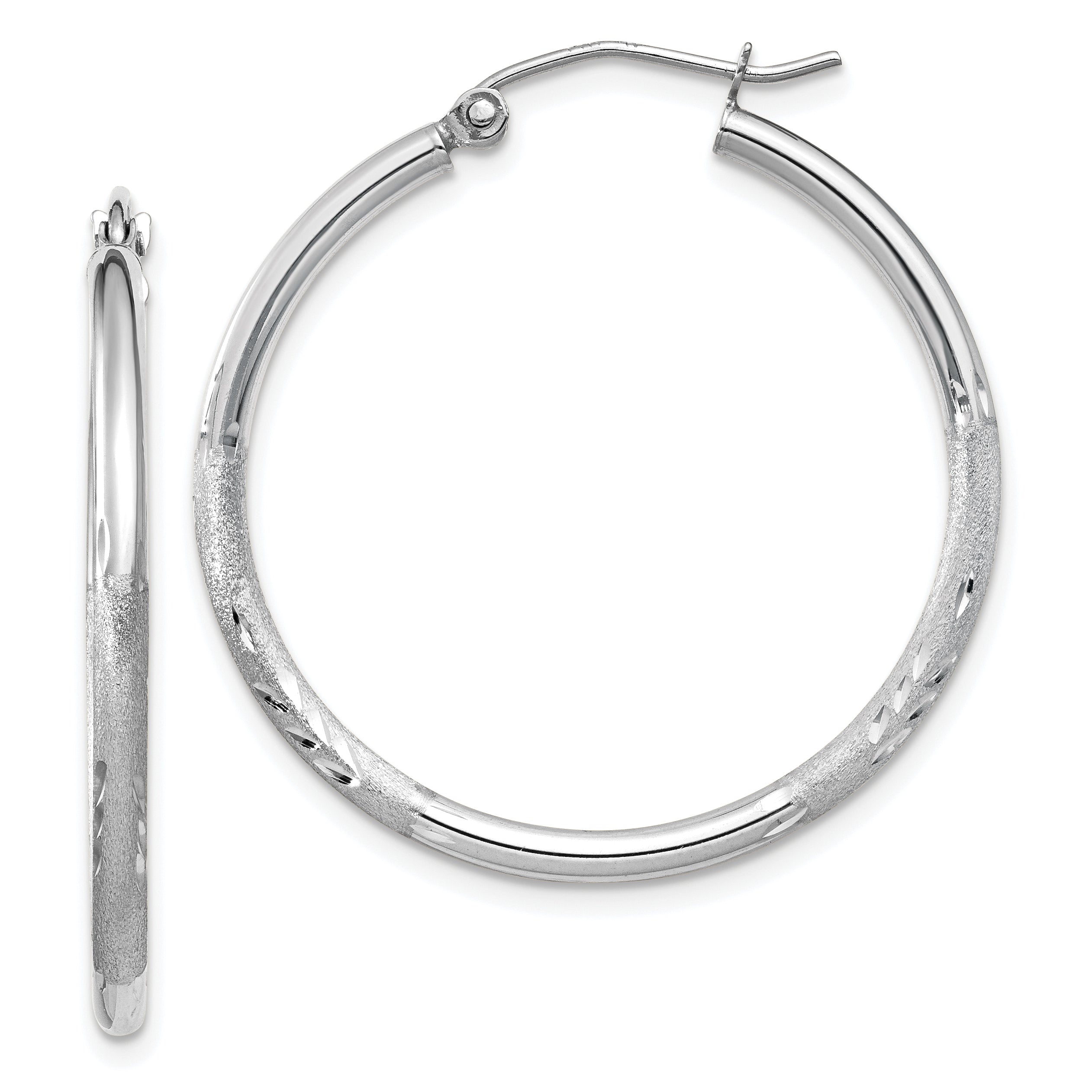 14k White Gold Satin and D/C 2mm Round Hoop Earrings Main image