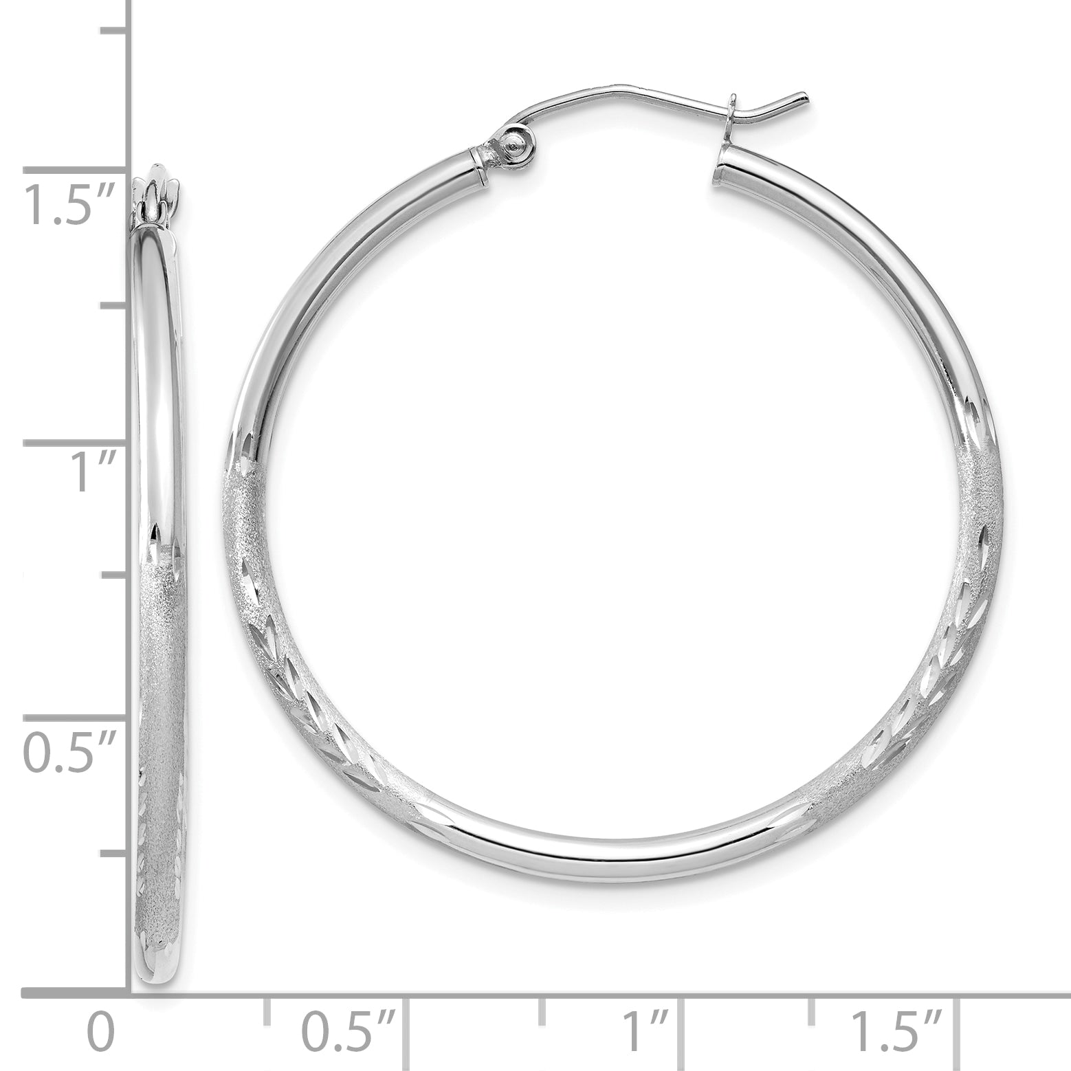 14k White Gold Satin and D/C 2mm Round Hoop Earrings