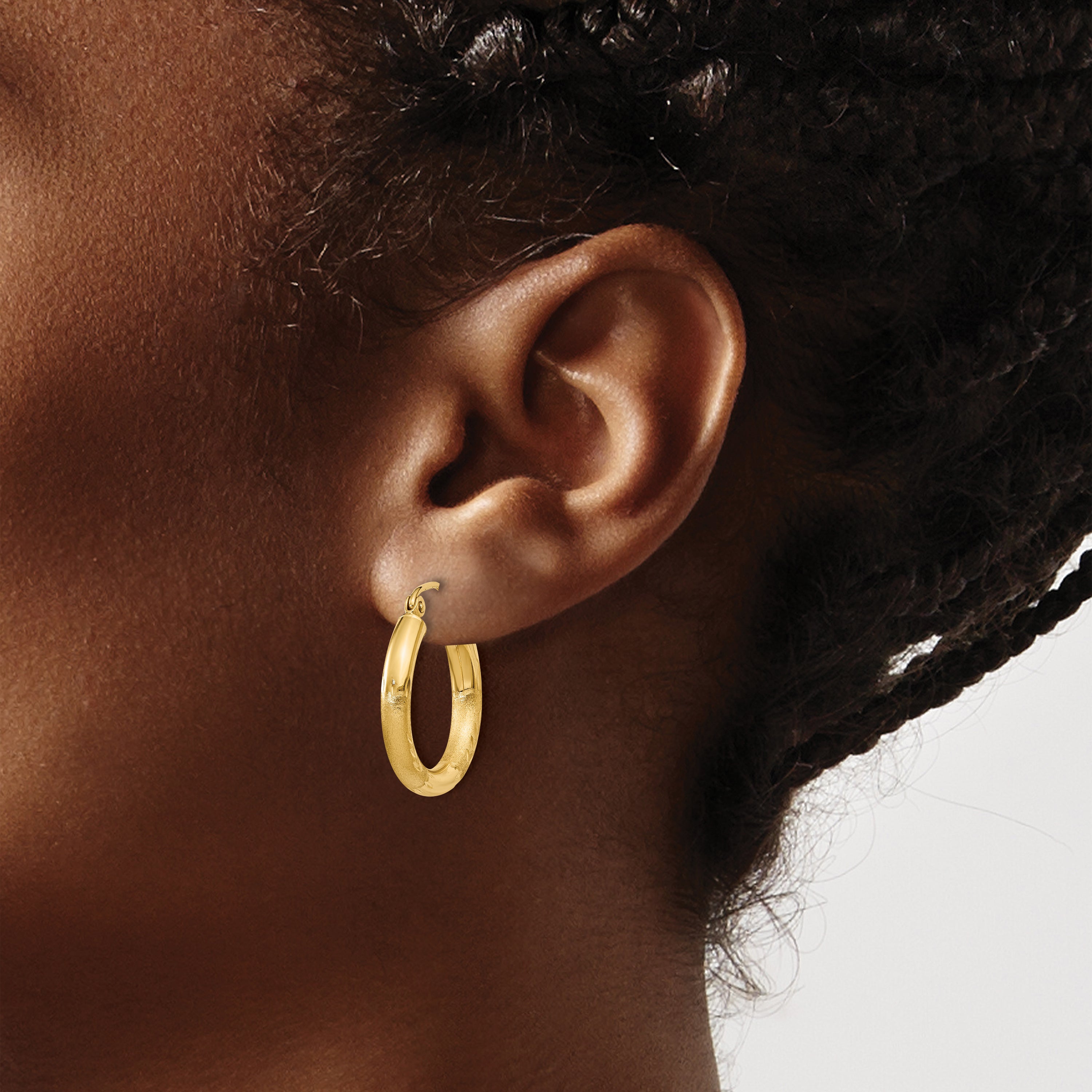 14k Satin and D/C 3mm Round Hoop Earrings