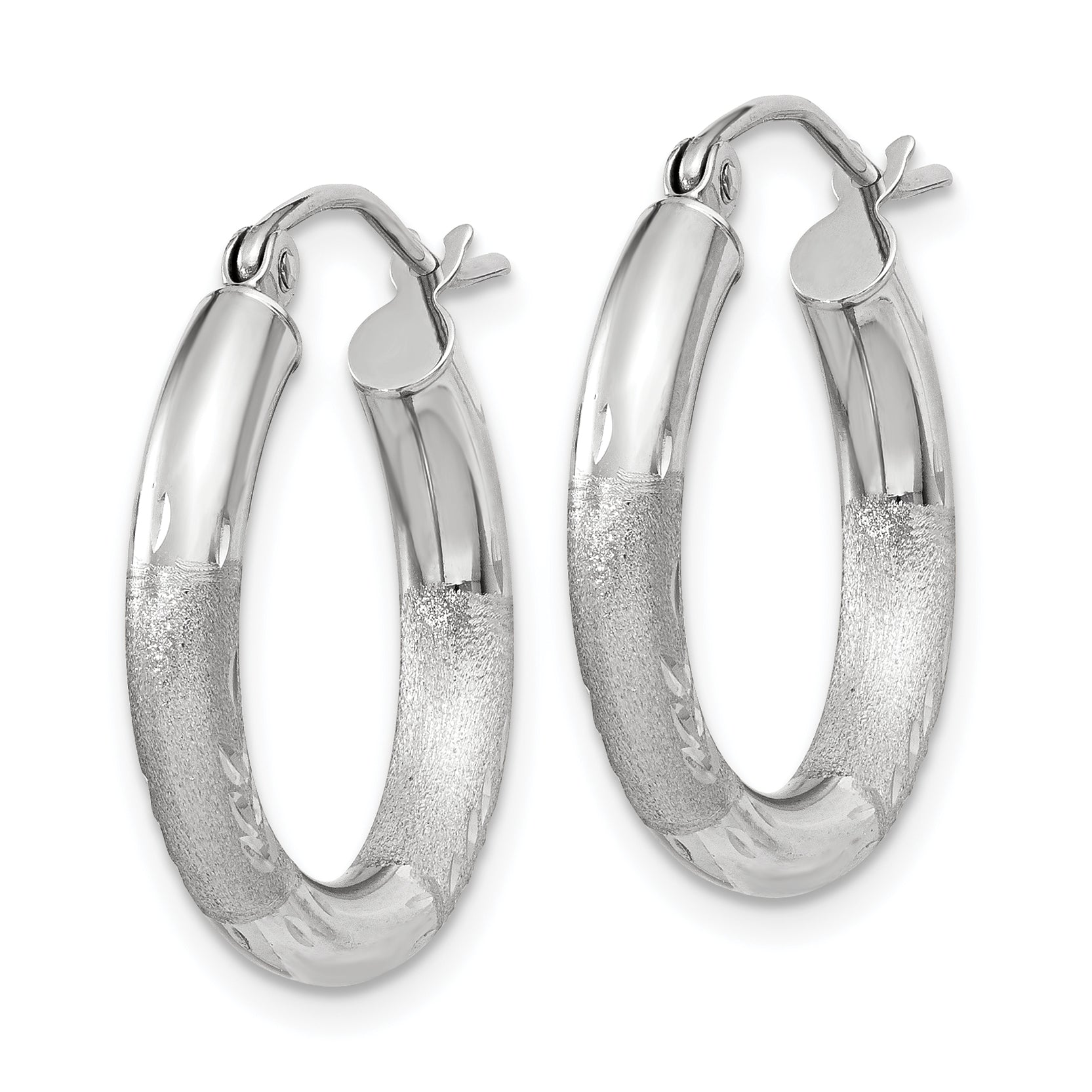 14k White Gold Satin and D/C 3mm Round Hoop Earrings Secondary image