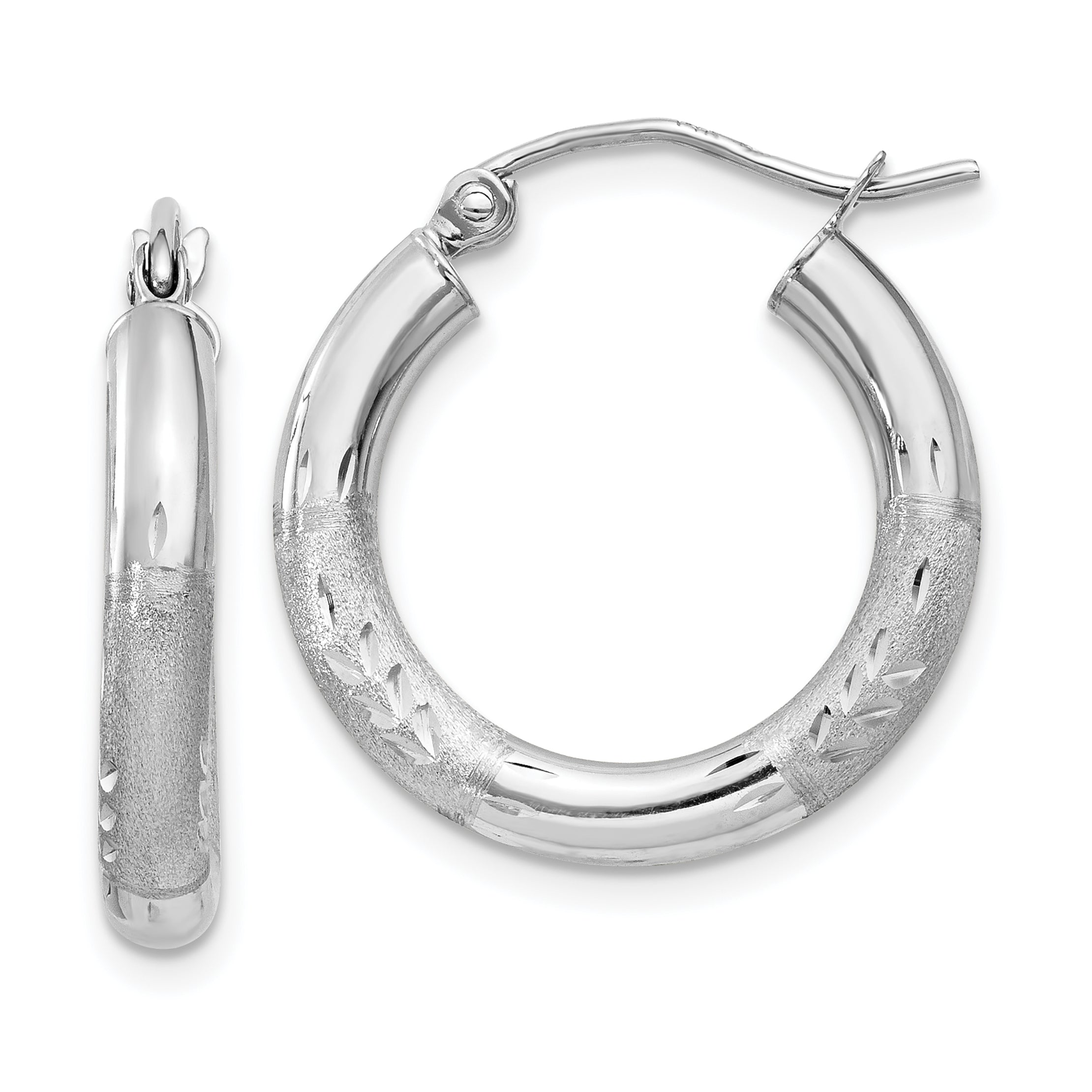 14k White Gold Satin and D/C 3mm Round Hoop Earrings Main image