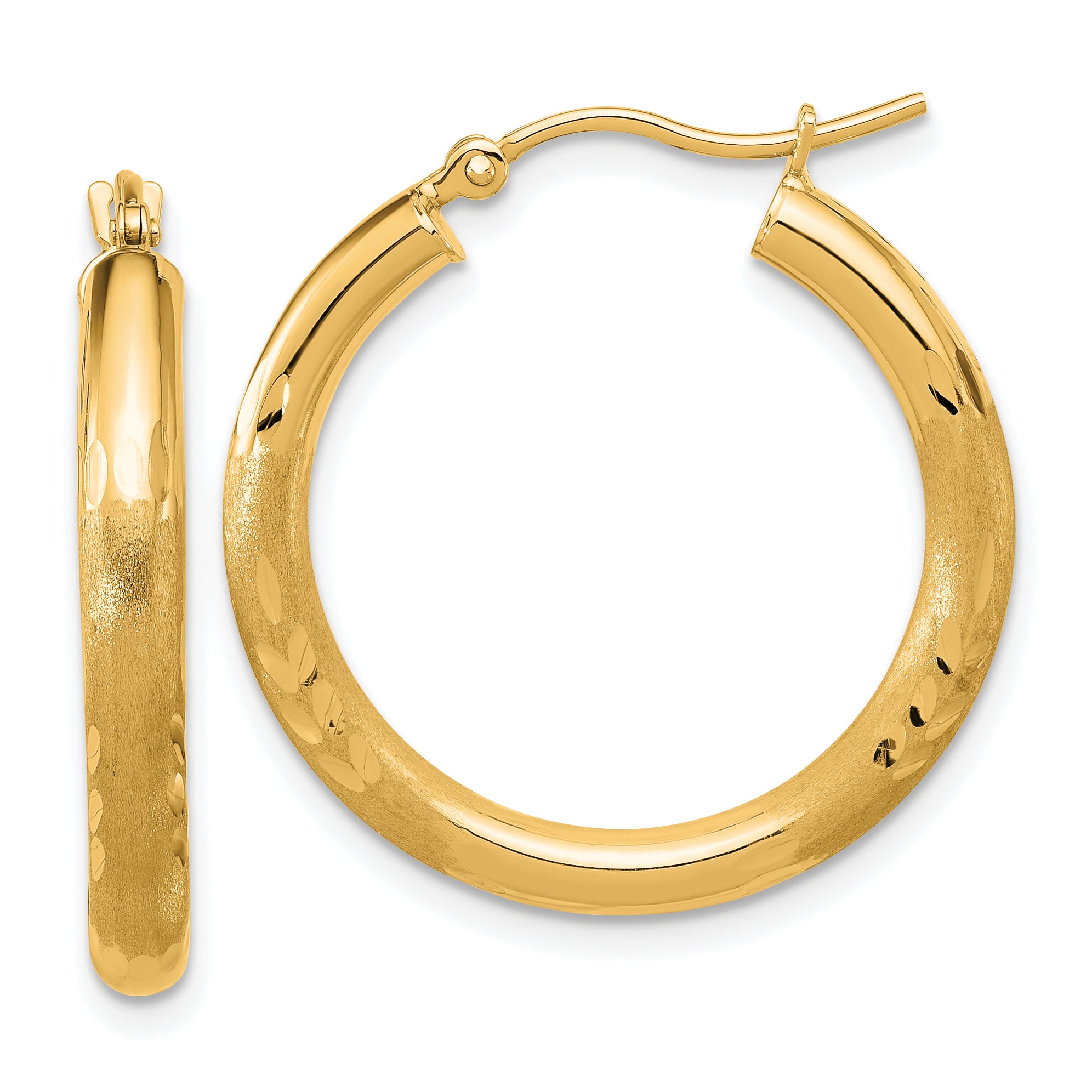 14k Satin and D/C 3mm Round Hoop Earrings Main image