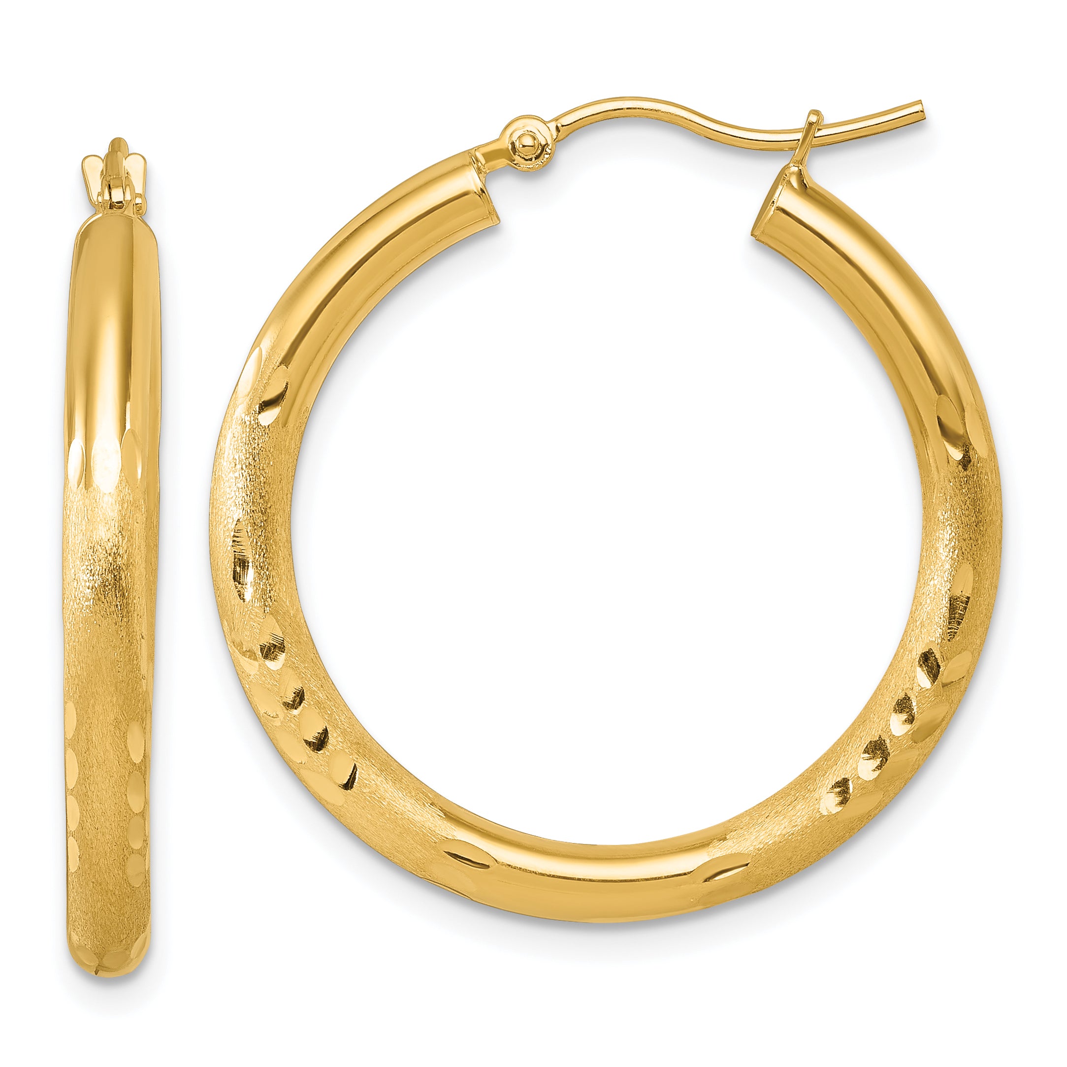 14k Satin and D/C 3mm Round Hoop Earrings Main image