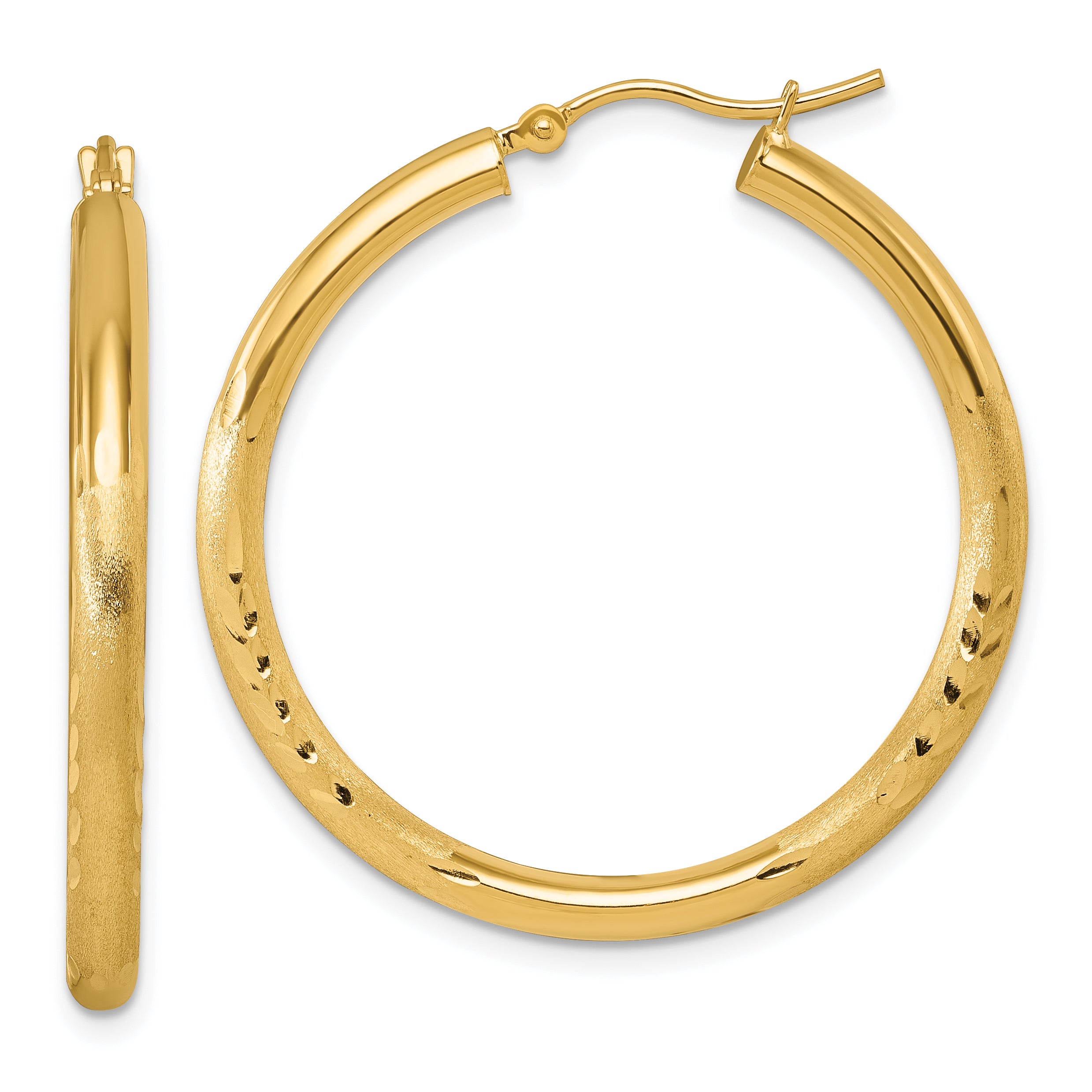14k Satin and D/C 3mm Round Hoop Earrings Main image
