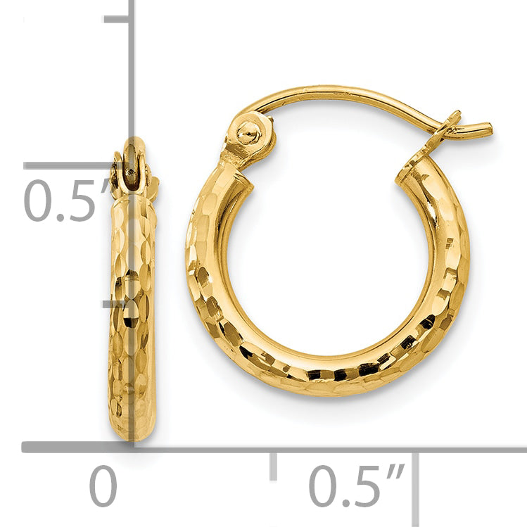 14k Diamond-cut 2mm Round Tube Hoop Earrings