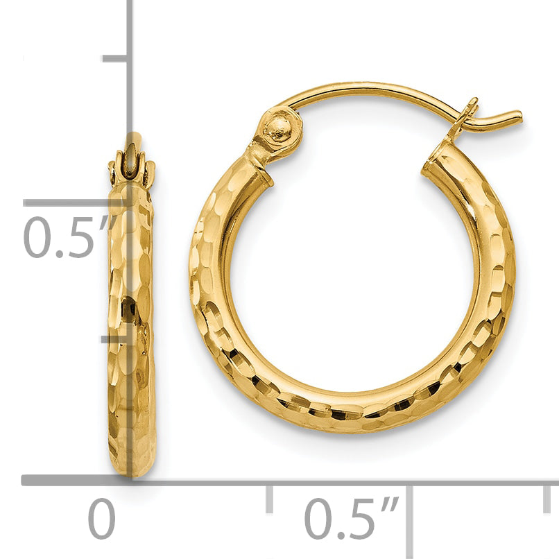 14k Diamond-cut 2mm Round Tube Hoop Earrings
