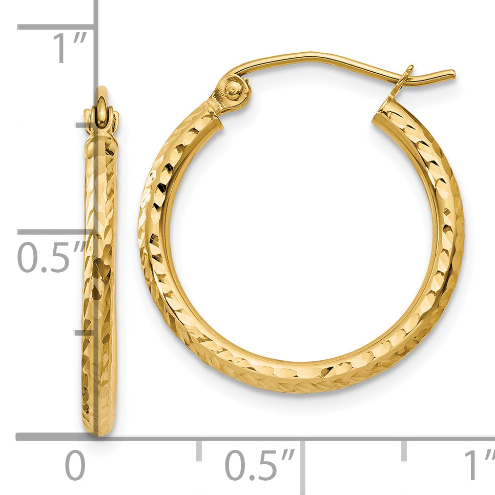 14k Diamond-cut 2mm Round Tube Hoop Earrings